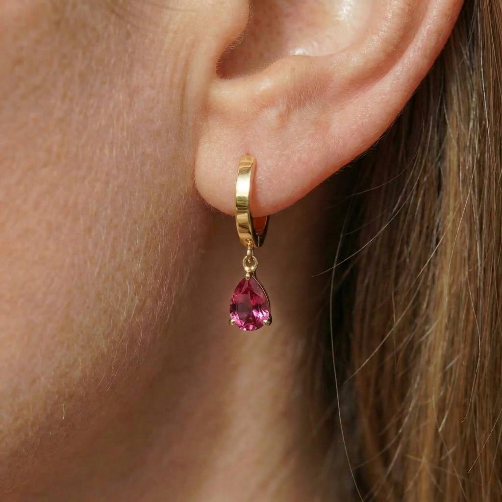 Elegant Rose Gold Pink Tourmaline Dangle Hoop Earrings | Delicate Pear Cut Gemstone Huggie Hoops | Everyday Jewelry Gift for Her