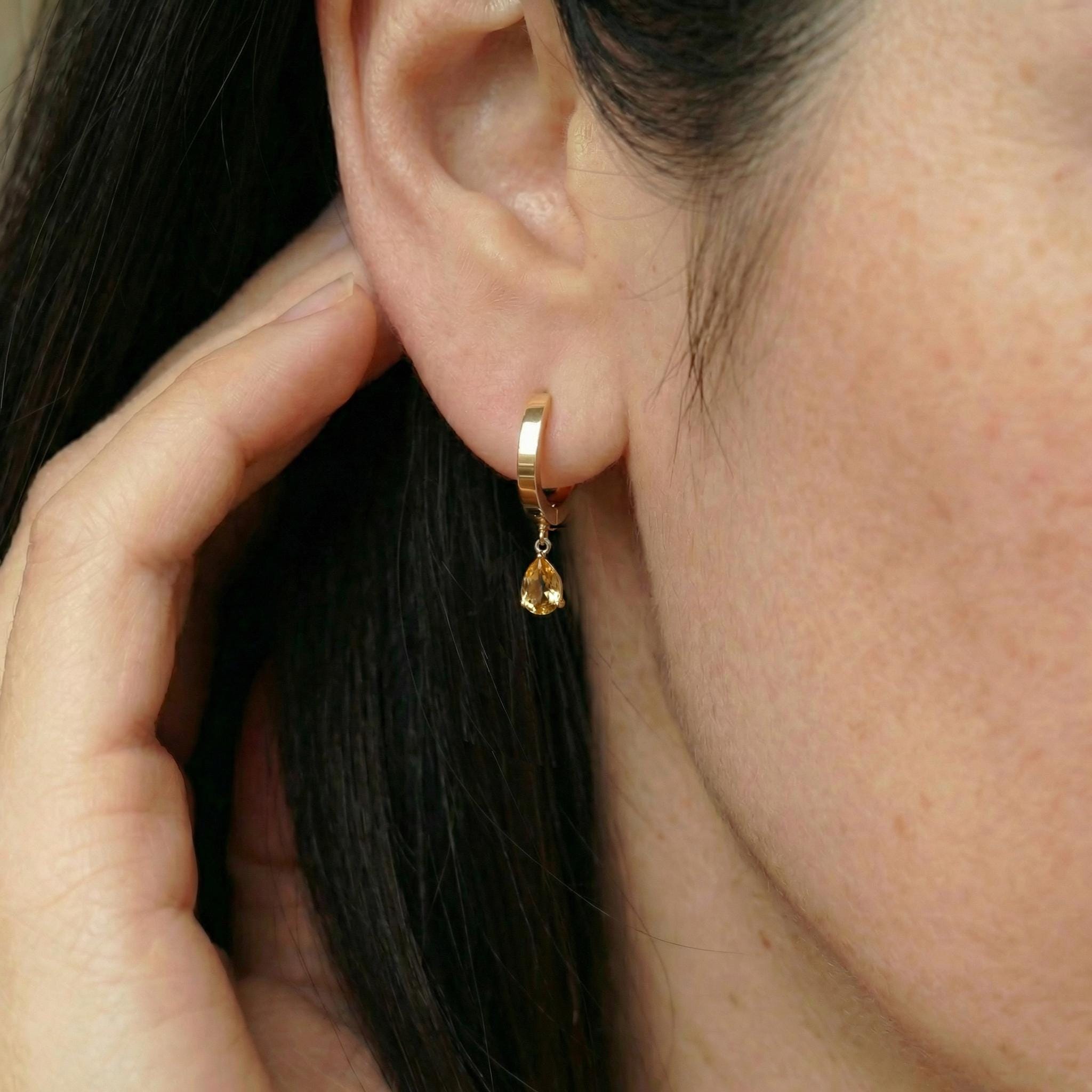 Dainty Gold Citrine Teardrop Hoop Earrings - Minimalist Dangle Earrings - Everyday Elegant Jewelry - November Birthstone Gift for Her