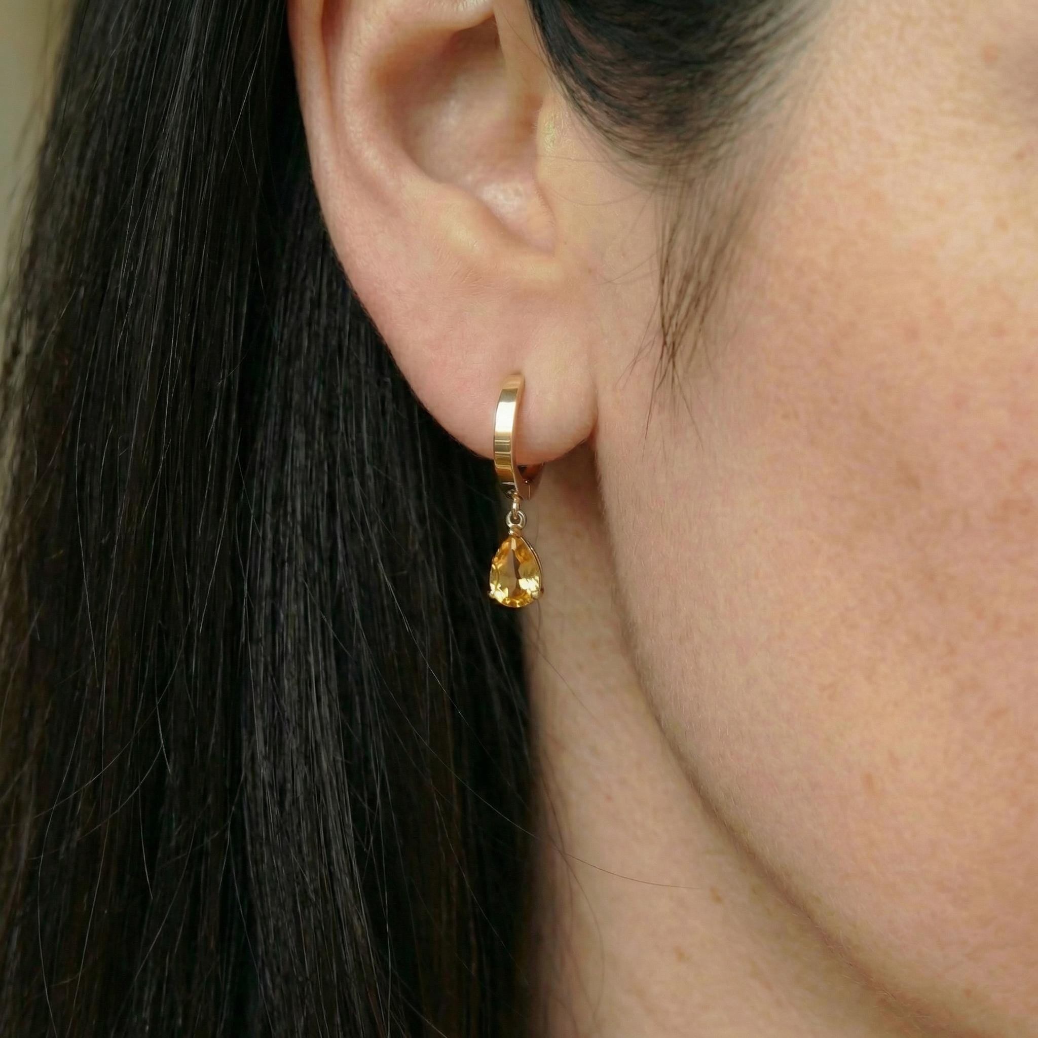 Dainty Gold Citrine Teardrop Hoop Earrings - Minimalist Dangle Earrings - Everyday Elegant Jewelry - November Birthstone Gift for Her