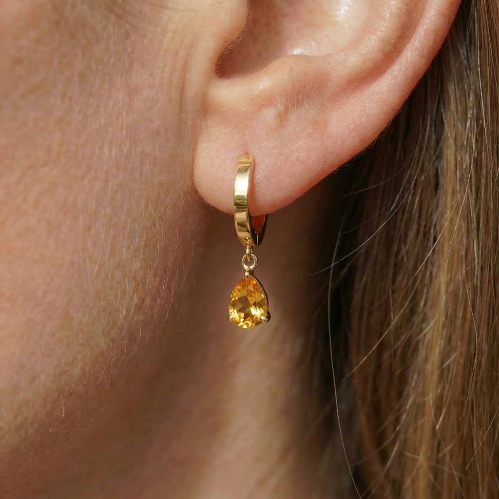 Dainty Gold Citrine Teardrop Hoop Earrings - Minimalist Dangle Earrings - Everyday Elegant Jewelry - November Birthstone Gift for Her