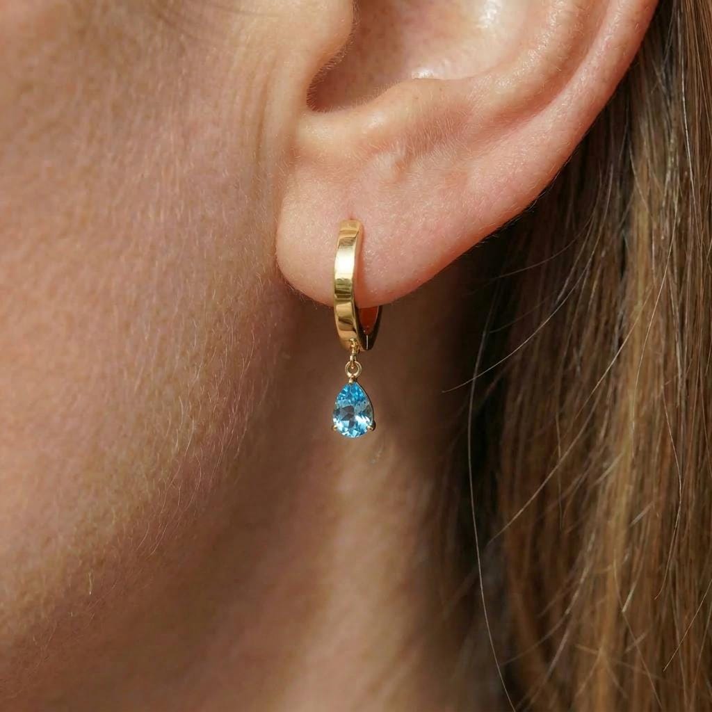 Delicate Rose Gold Blue Topaz Teardrop Dangle Hoop Earrings | December Birthstone Gift for Her | Minimalist Everyday Jewelry