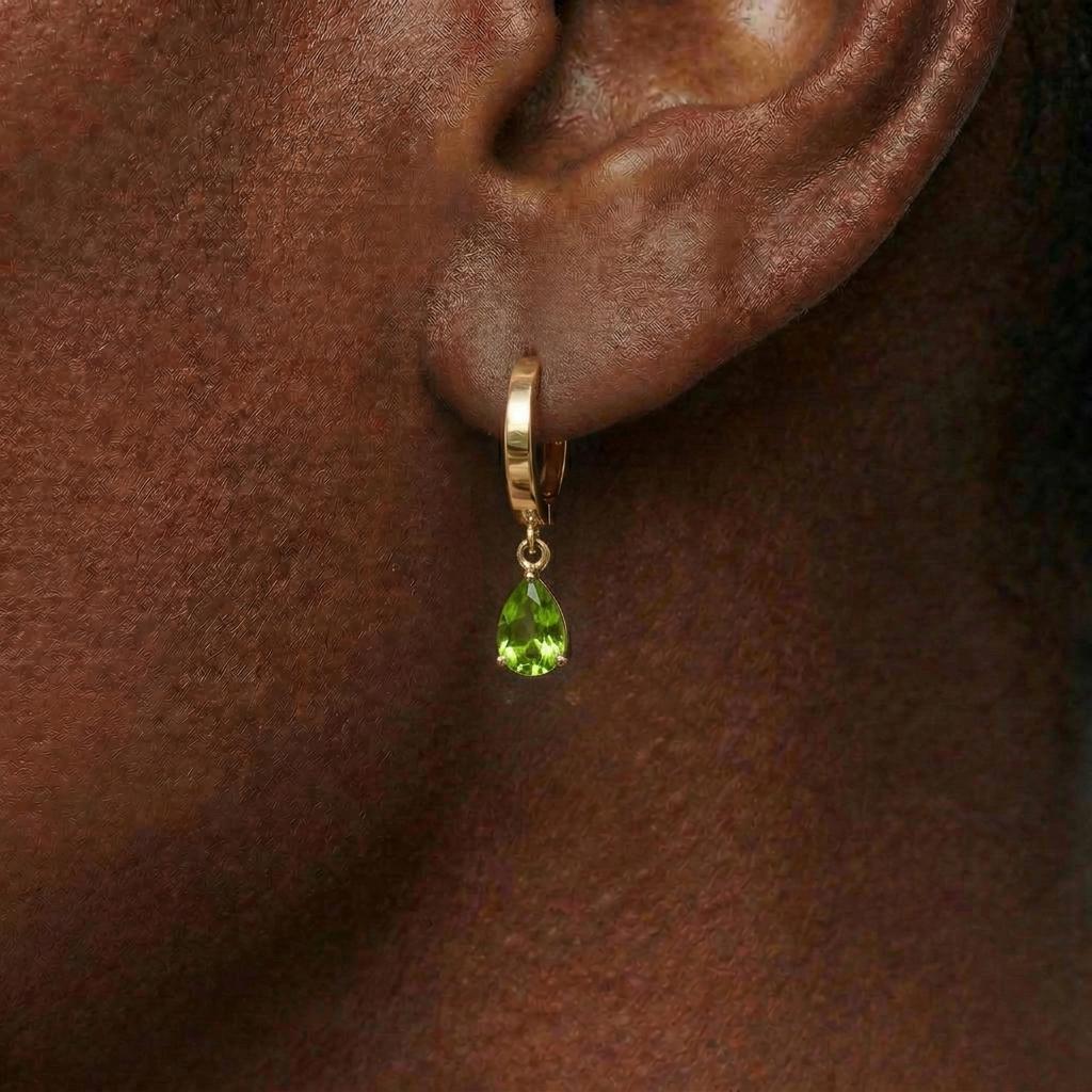 Dainty Rose Gold Peridot Huggie Hoops | August Birthstone Pear Drop Earrings | Elegant Dangle Gemstone Jewelry Gift for Her