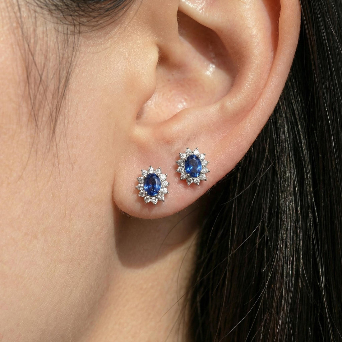 Elegant Sapphire & Diamond Halo Stud Earrings | Dainty Royal Blue Gemstone Cluster | 14K Gold Fine Jewelry Gift for Her