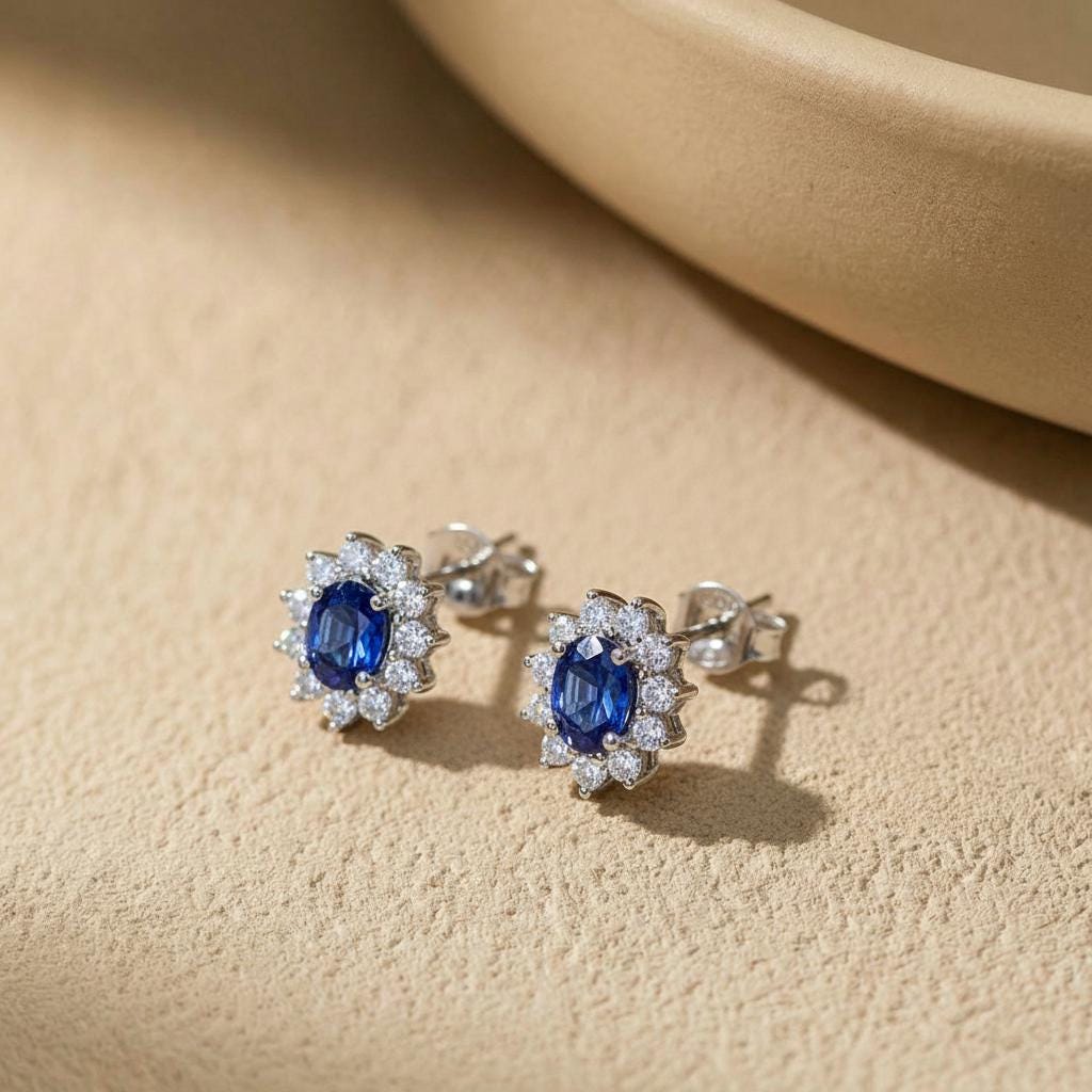 Elegant Sapphire & Diamond Halo Stud Earrings | Dainty Royal Blue Gemstone Cluster | 14K Gold Fine Jewelry Gift for Her