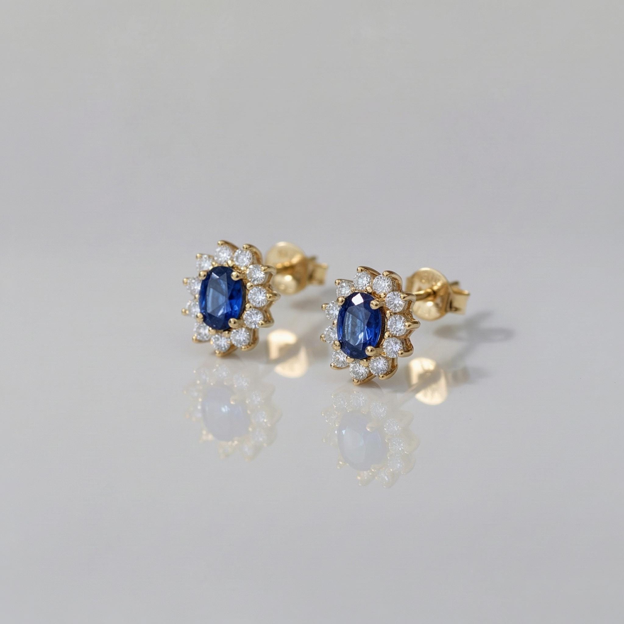 Elegant Sapphire & Diamond Halo Stud Earrings | Dainty Royal Blue Gemstone Cluster | 14K Gold Fine Jewelry Gift for Her