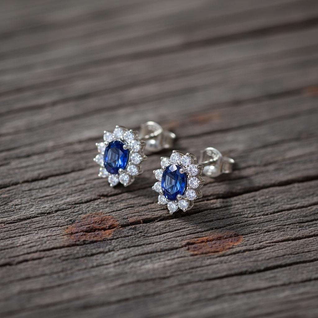 Elegant Sapphire & Diamond Halo Stud Earrings | Dainty Royal Blue Gemstone Cluster | 14K Gold Fine Jewelry Gift for Her