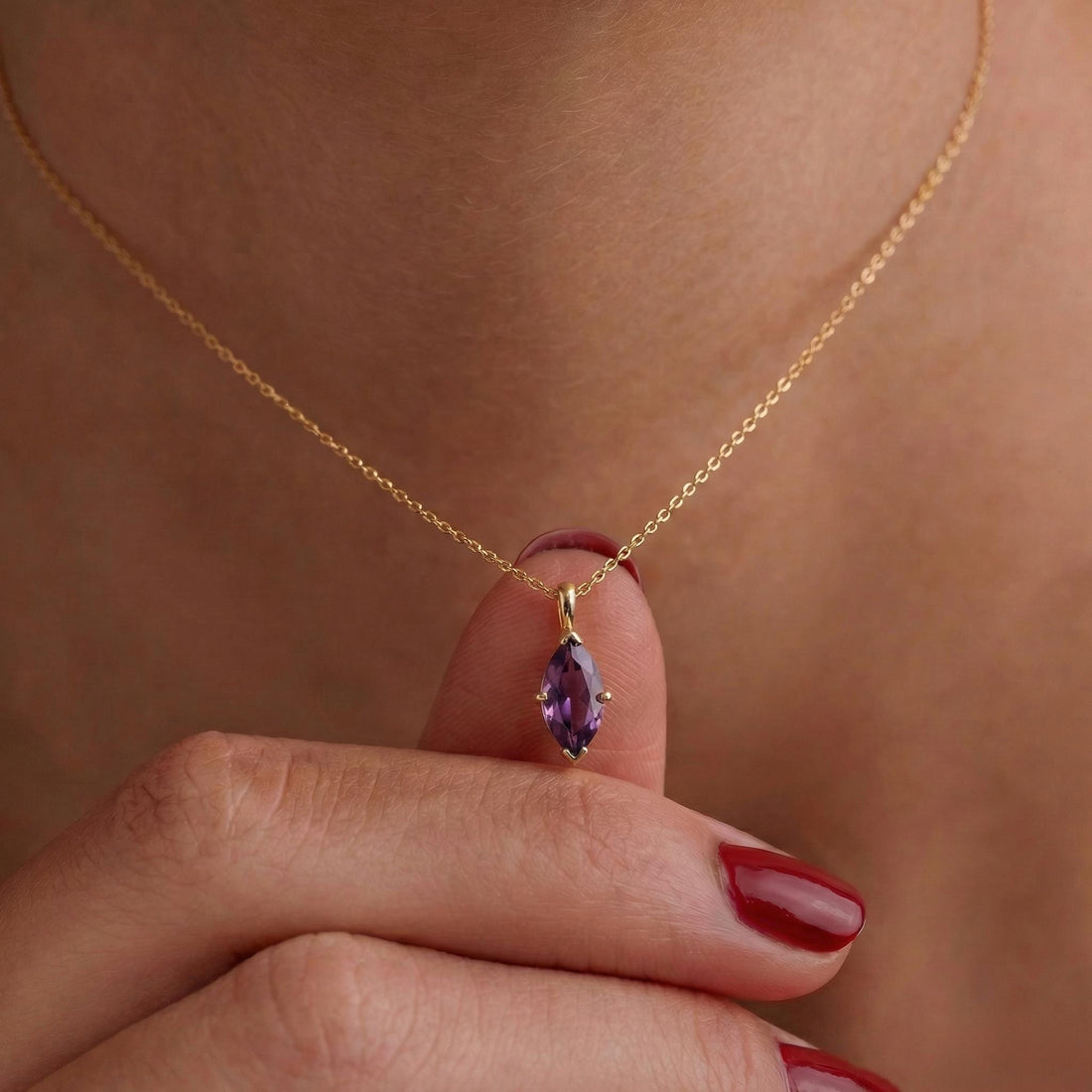 Dainty Amethyst Marquise Pendant Necklace in Gold - February Birthstone Jewelry - Elegant Gemstone Charm on Gold Chain - Gift for Her
