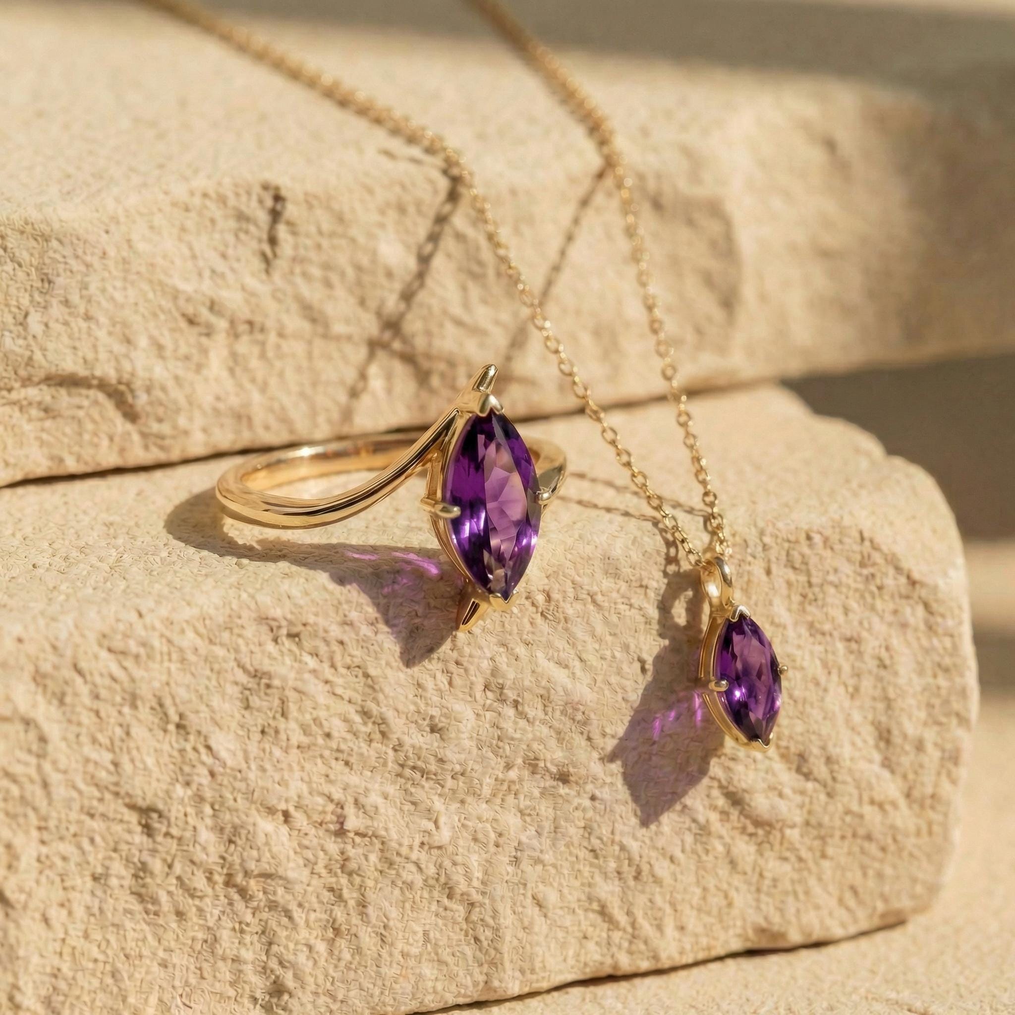 Dainty Amethyst Marquise Pendant Necklace in Gold - February Birthstone Jewelry - Elegant Gemstone Charm on Gold Chain - Gift for Her