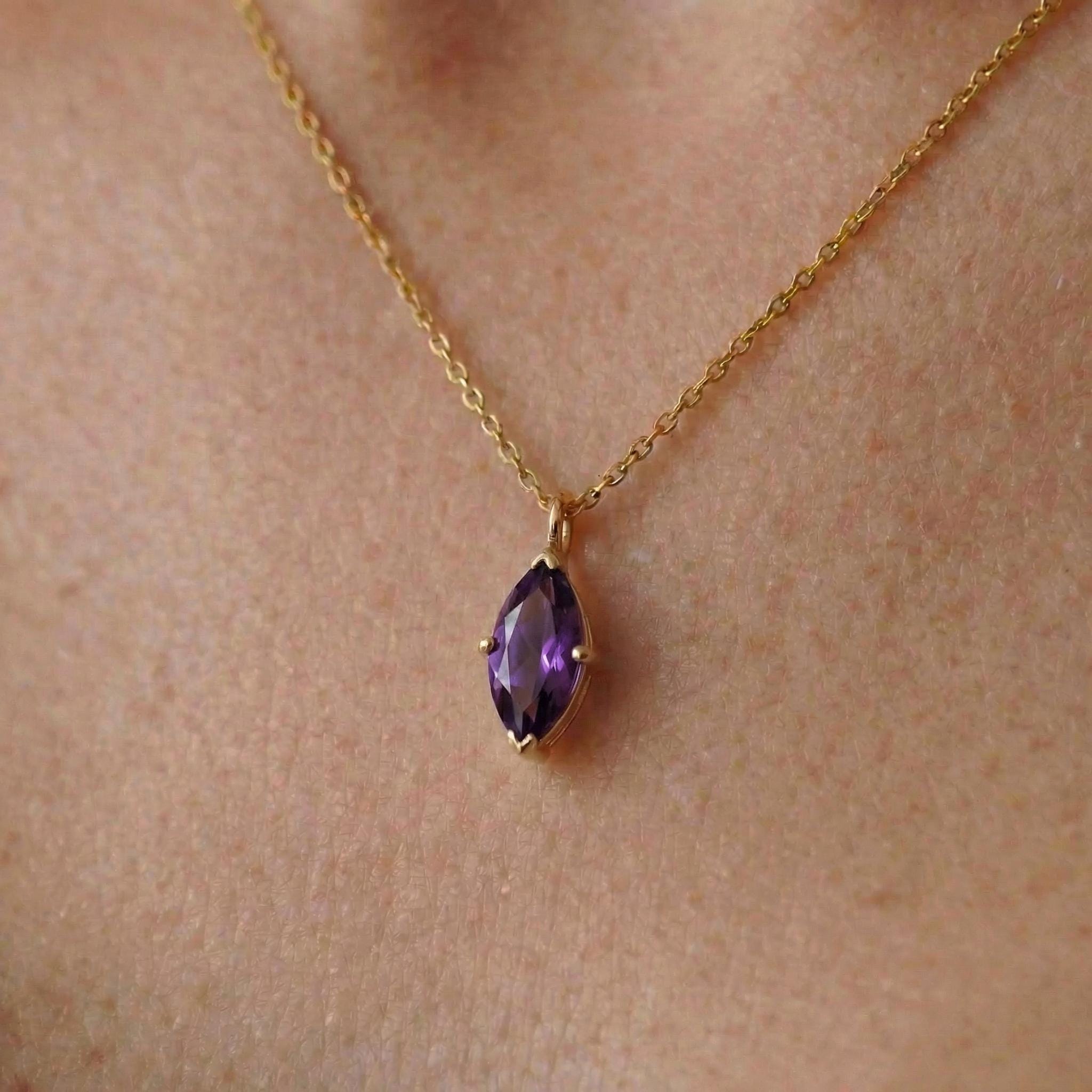 Dainty Amethyst Marquise Pendant Necklace in Gold - February Birthstone Jewelry - Elegant Gemstone Charm on Gold Chain - Gift for Her