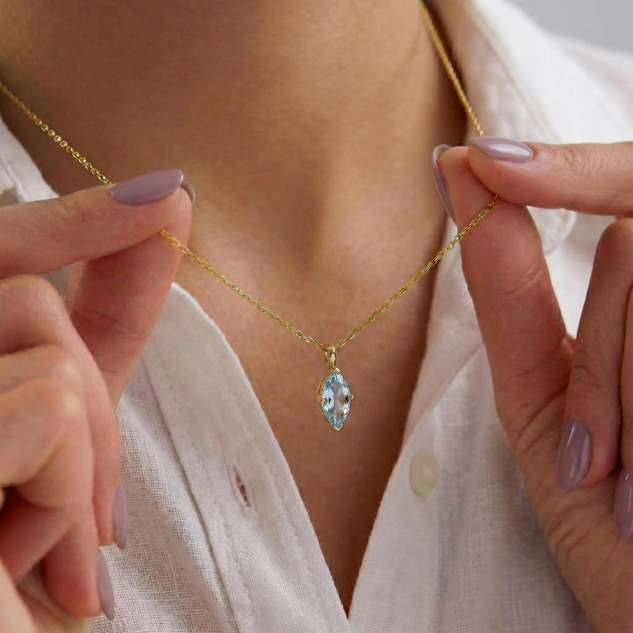 Dainty Marquise Aquamarine Necklace Gold, Minimalist Solitaire Blue Gemstone Pendant, Delicate 14K Gold Chain, March Birthstone Gift for Her