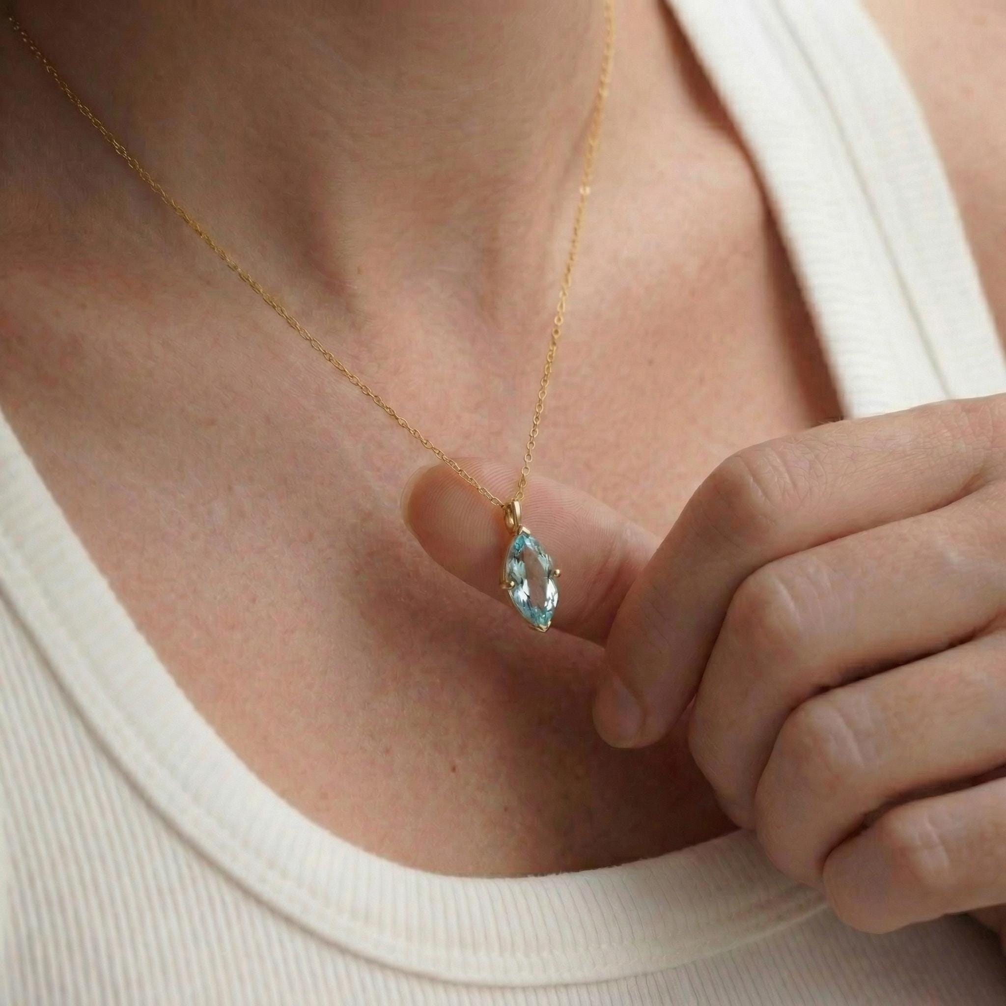 Dainty Marquise Aquamarine Necklace Gold, Minimalist Solitaire Blue Gemstone Pendant, Delicate 14K Gold Chain, March Birthstone Gift for Her