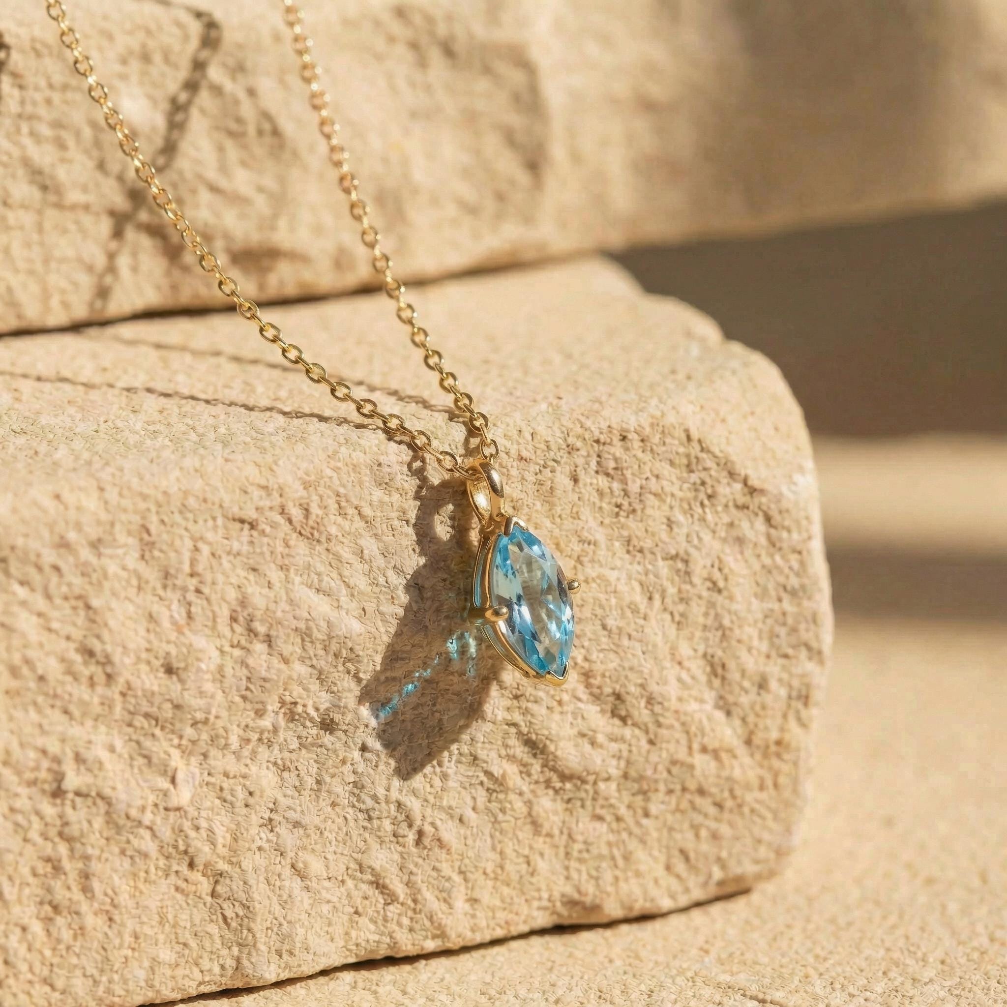 Dainty Marquise Aquamarine Necklace Gold, Minimalist Solitaire Blue Gemstone Pendant, Delicate 14K Gold Chain, March Birthstone Gift for Her