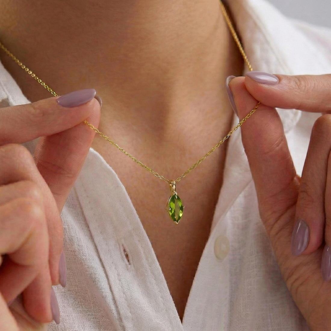 Elegant Peridot Marquise Necklace | 14K Gold Dainty Chain | Minimalist August Birthstone Gift | Everyday Fine Jewelry