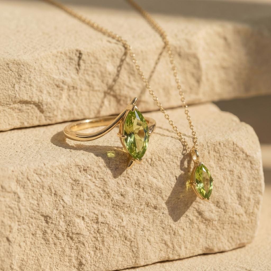 Elegant Peridot Marquise Necklace | 14K Gold Dainty Chain | Minimalist August Birthstone Gift | Everyday Fine Jewelry