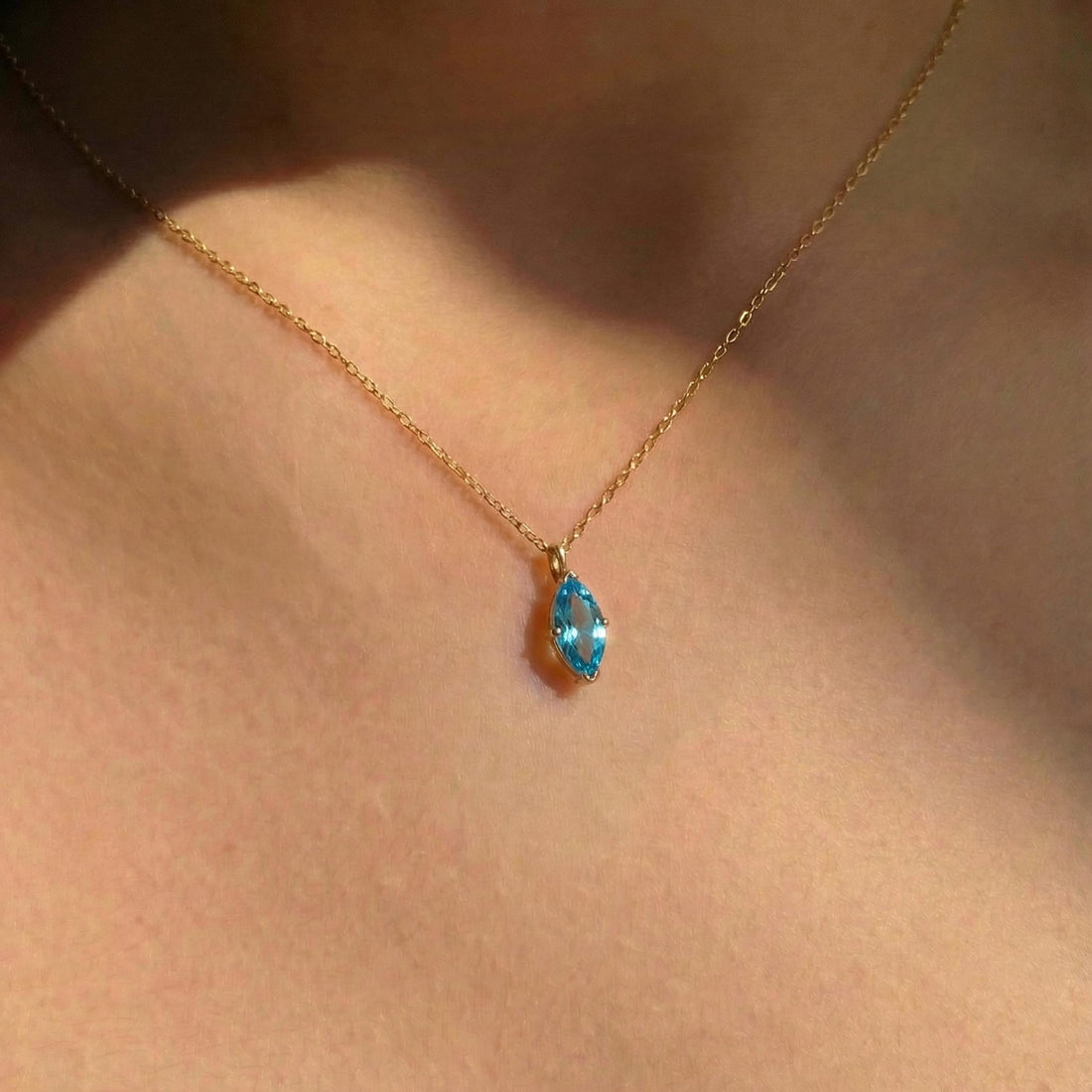 Elegant Blue Topaz Marquise Necklace | 14K Gold Dainty Chain | Minimalist December Birthstone Gift | Everyday Fine Jewelry