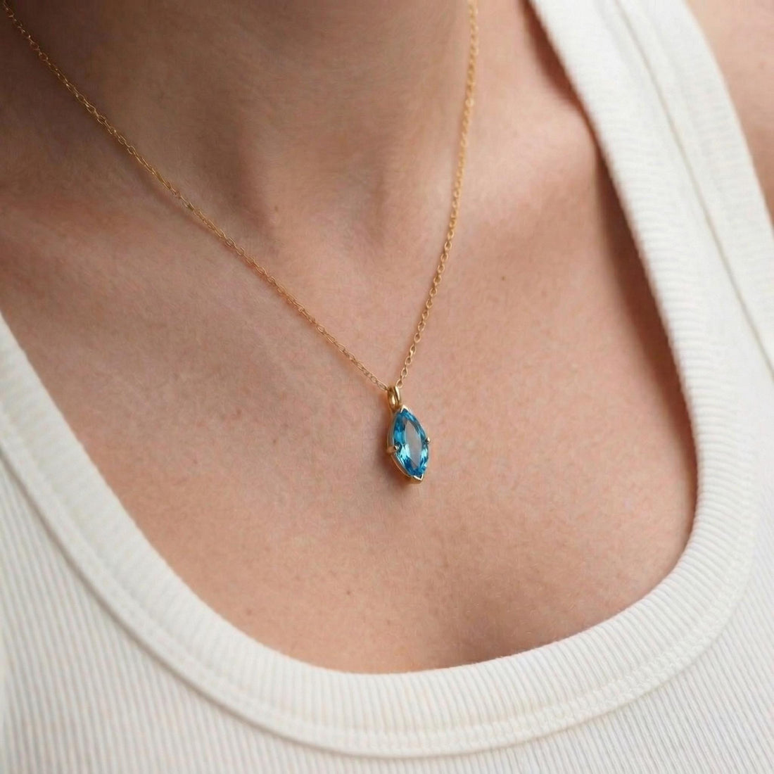 Elegant Blue Topaz Marquise Necklace | 14K Gold Dainty Chain | Minimalist December Birthstone Gift | Everyday Fine Jewelry
