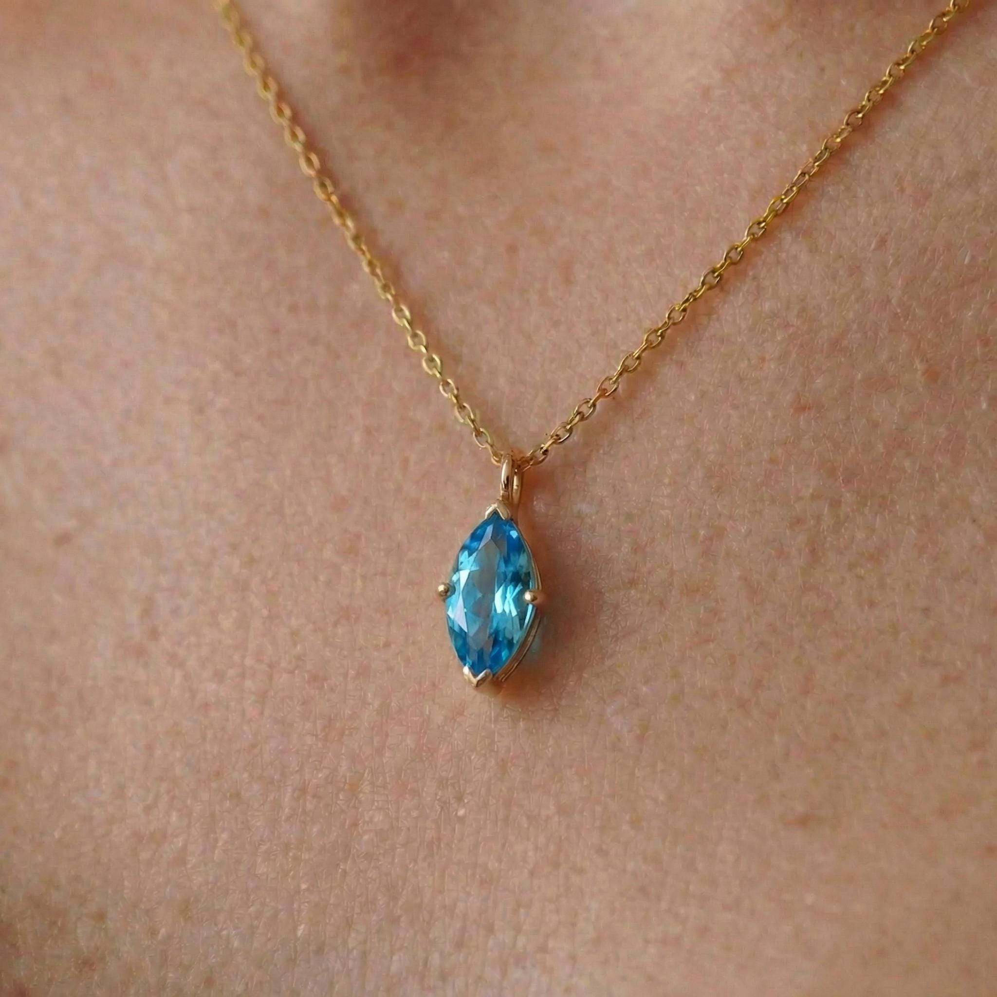 Elegant Blue Topaz Marquise Necklace | 14K Gold Dainty Chain | Minimalist December Birthstone Gift | Everyday Fine Jewelry