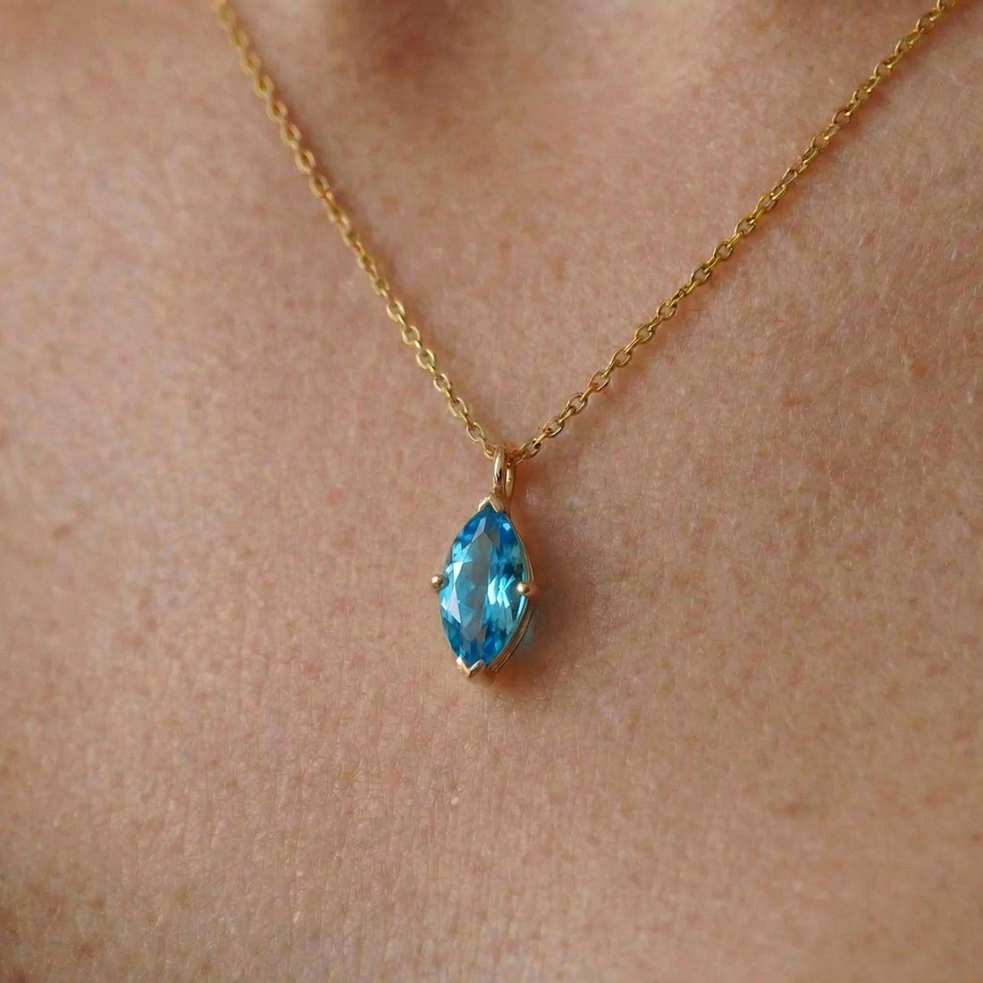 Elegant Blue Topaz Marquise Necklace | 14K Gold Dainty Chain | Minimalist December Birthstone Gift | Everyday Fine Jewelry