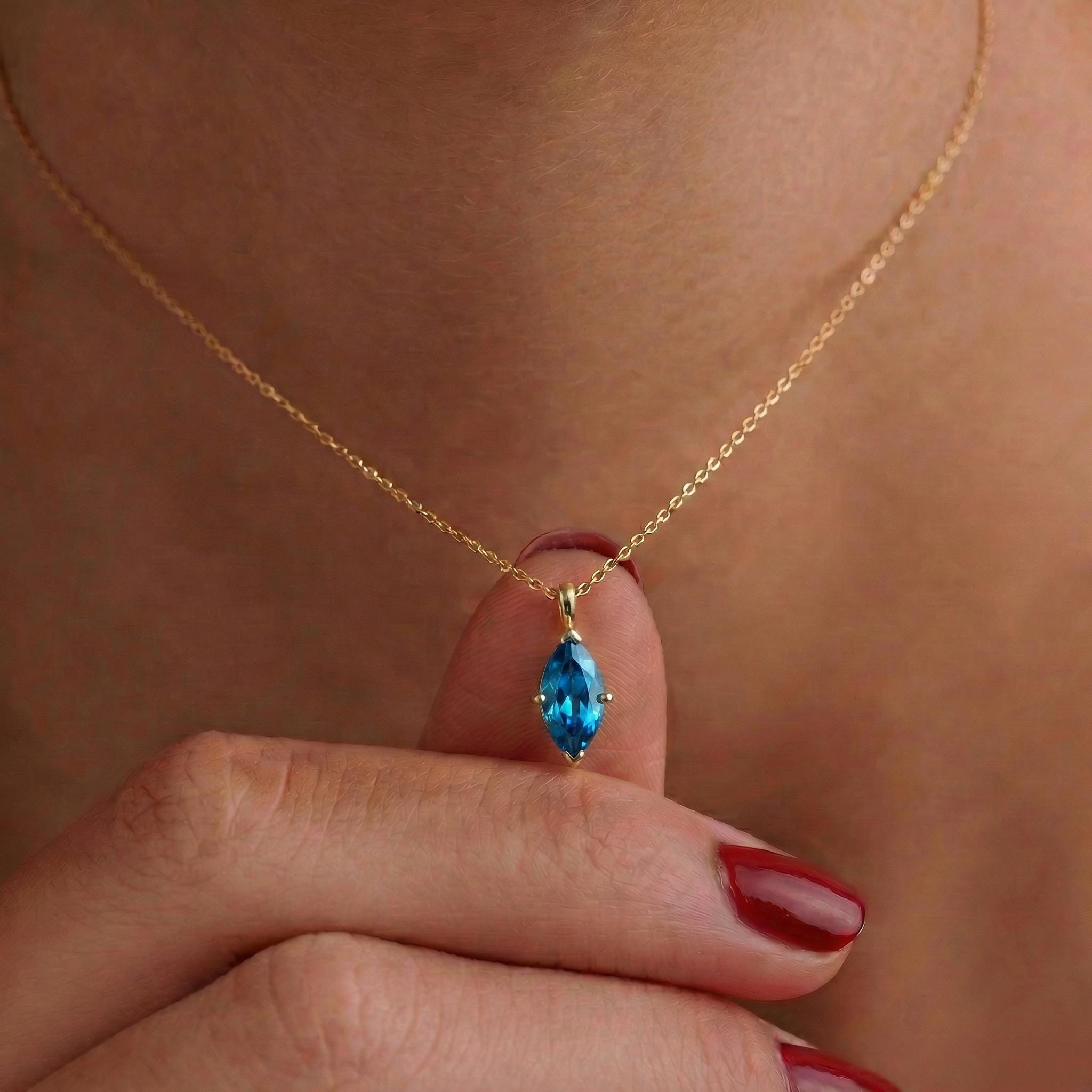 Delicate 14K Gold Marquise Blue Topaz Necklace | Elegant Dainty Gemstone Pendant | December Birthstone Gift for Her
