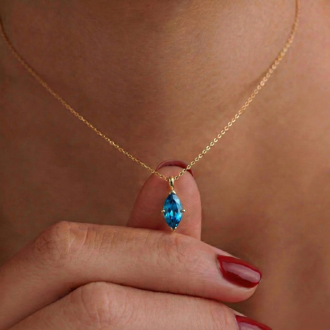 Delicate 14K Gold Marquise Blue Topaz Necklace | Elegant Dainty Gemstone Pendant | December Birthstone Gift for Her