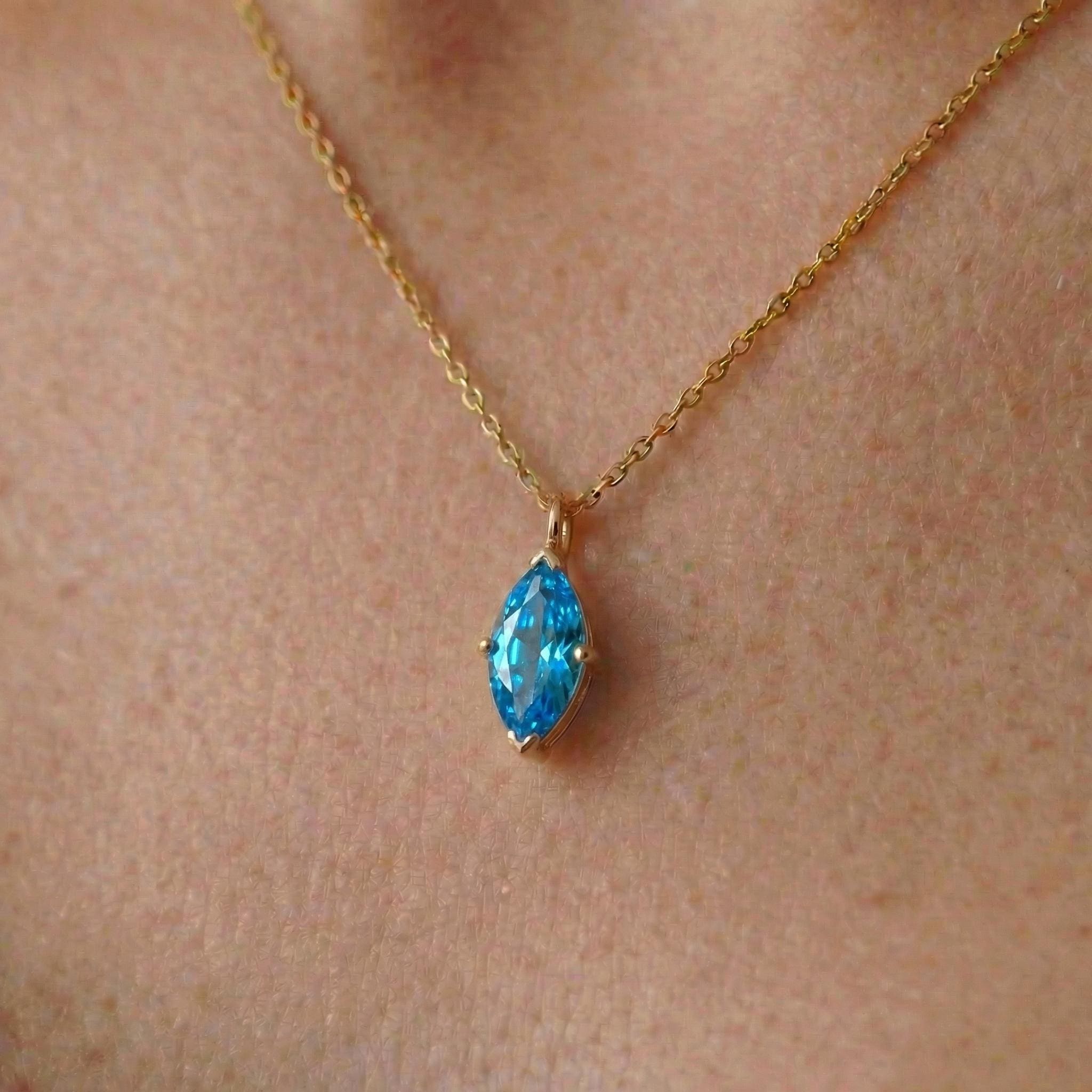 Delicate 14K Gold Marquise Blue Topaz Necklace | Elegant Dainty Gemstone Pendant | December Birthstone Gift for Her