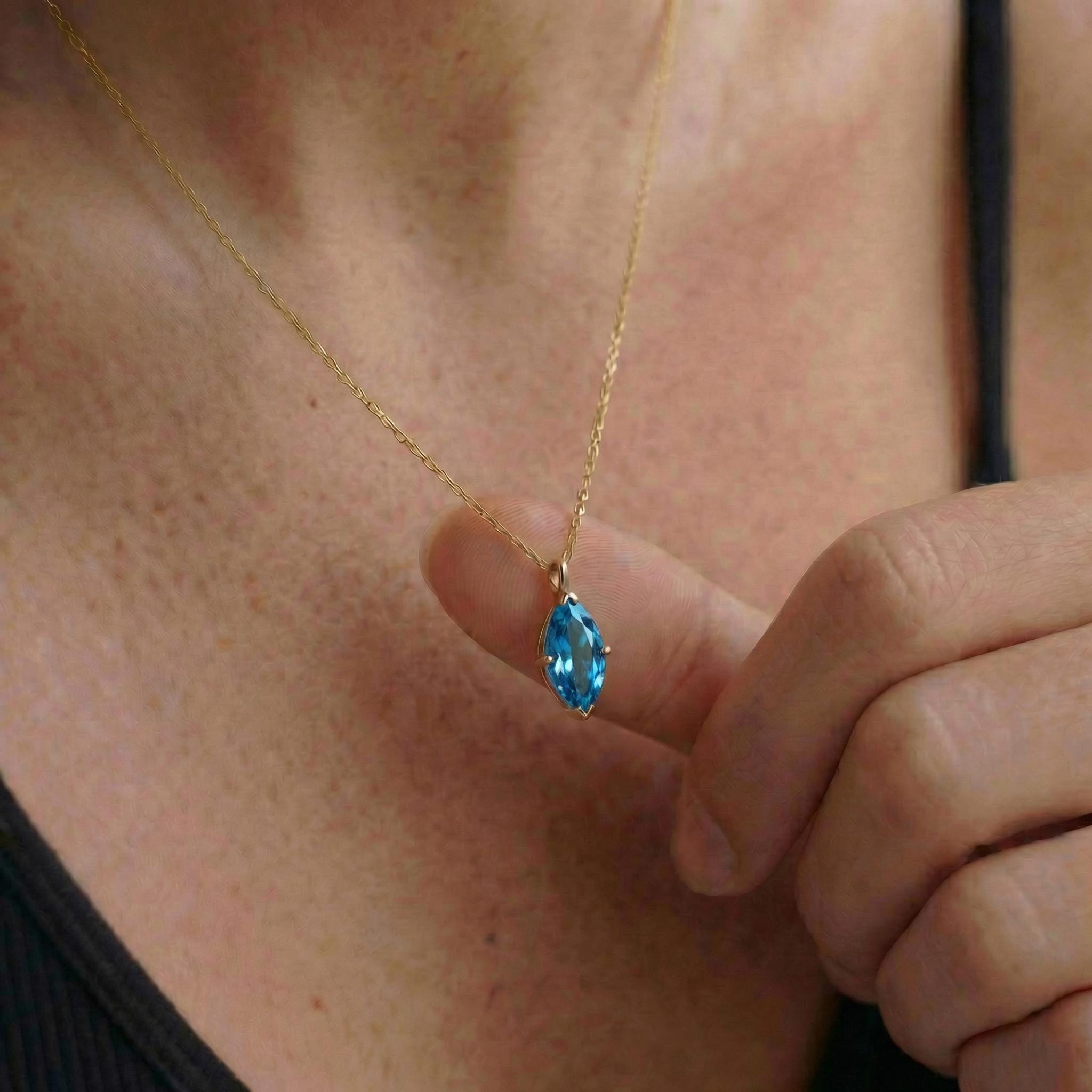 Delicate 14K Gold Marquise Blue Topaz Necklace | Elegant Dainty Gemstone Pendant | December Birthstone Gift for Her
