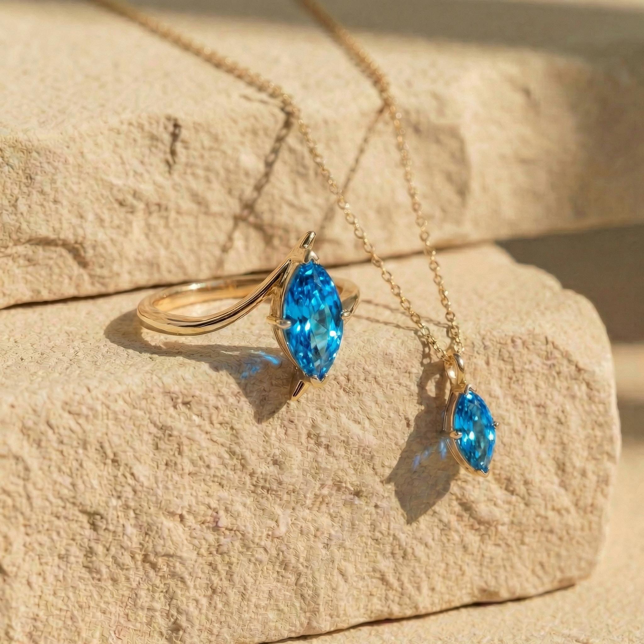 Delicate 14K Gold Marquise Blue Topaz Necklace | Elegant Dainty Gemstone Pendant | December Birthstone Gift for Her