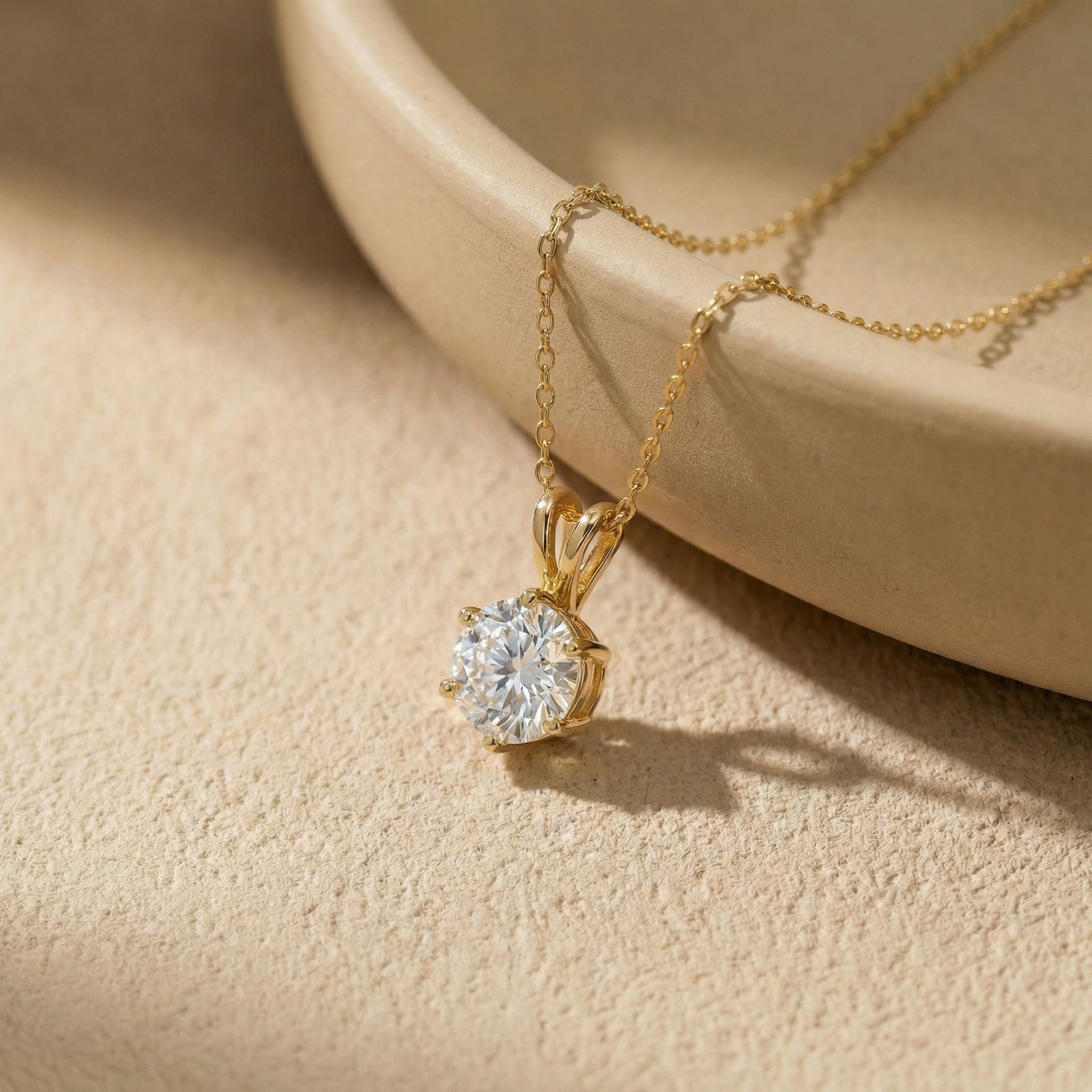 Dainty Gold Moissanite Solitaire Necklace | Brilliant Round Moissanite Pendant | Elegant Everyday Jewelry | Anniversary Gift for Her