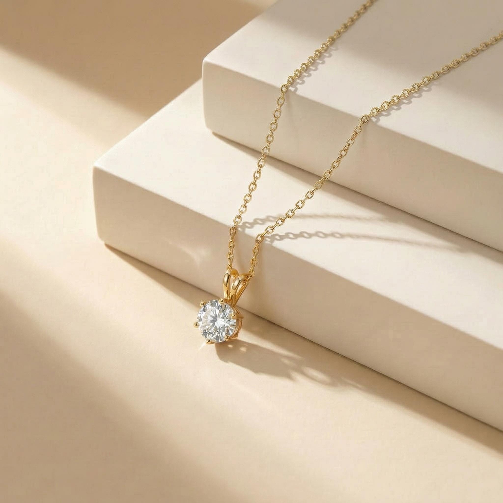 Dainty Gold Moissanite Solitaire Necklace | Brilliant Round Moissanite Pendant | Elegant Everyday Jewelry | Anniversary Gift for Her