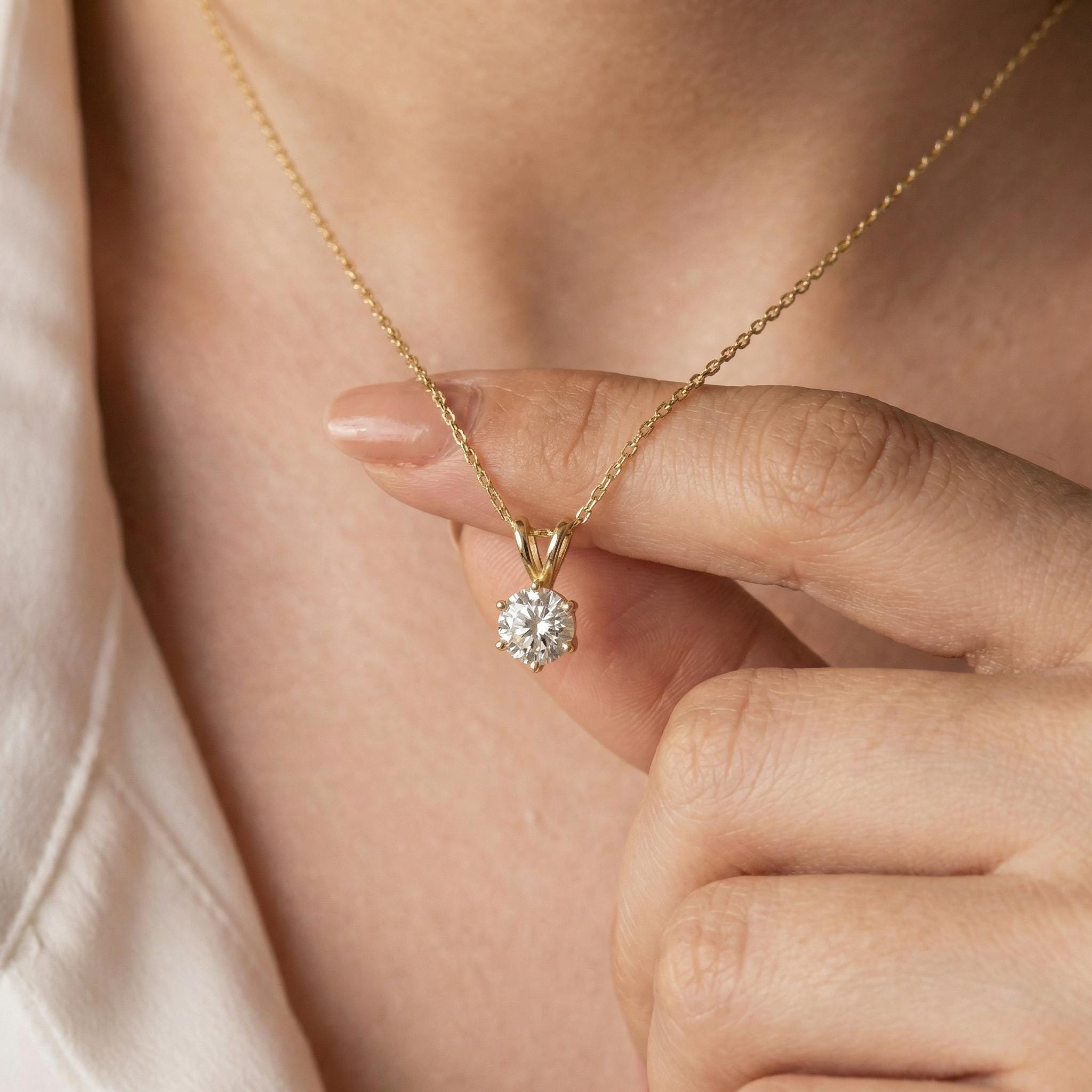Dainty Gold Moissanite Solitaire Necklace | Brilliant Round Moissanite Pendant | Elegant Everyday Jewelry | Anniversary Gift for Her