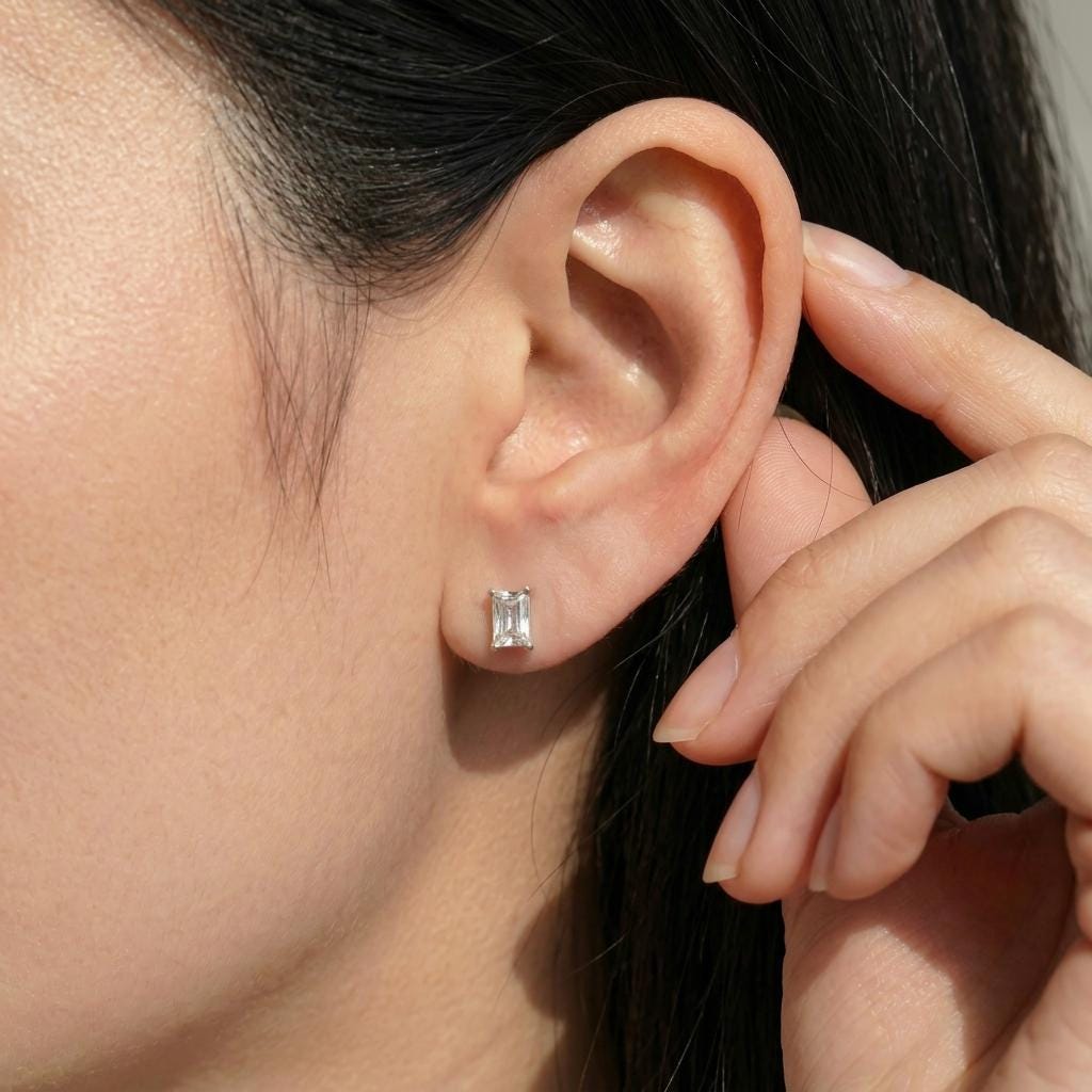 Emerald Cut Stud Earrings, Dainty Solitaire Diamond Simulant, Minimalist Sterling Silver Everyday Bridal Earrings, Gift for Her