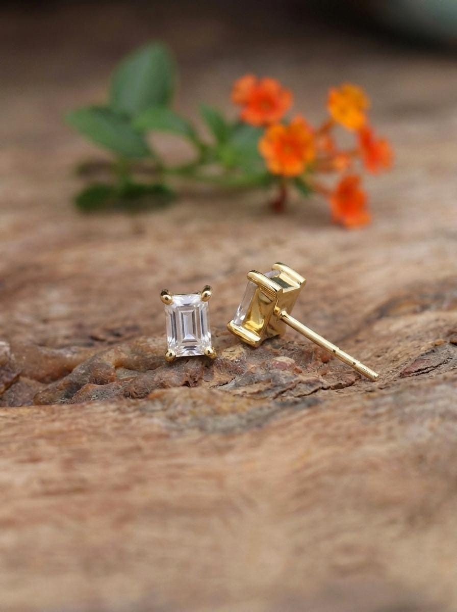 Emerald Cut Stud Earrings, Dainty Solitaire Diamond Simulant, Minimalist Sterling Silver Everyday Bridal Earrings, Gift for Her