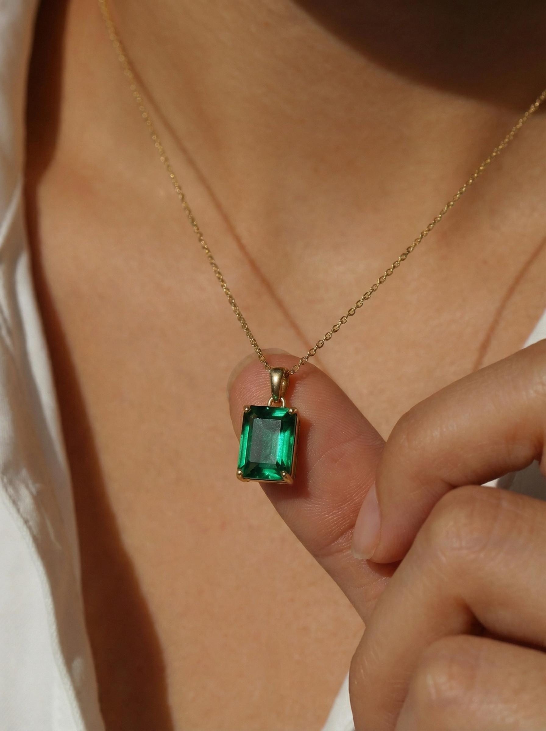 Dainty Emerald Cut Green Gemstone Necklace | 14K Gold Plated Solitaire Pendant | Elegant Minimalist Jewelry Gift