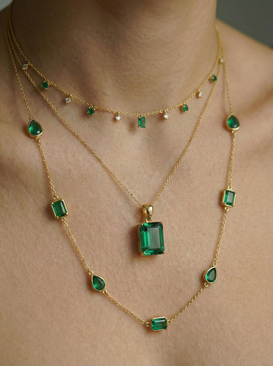 Dainty Emerald Cut Green Gemstone Necklace | 14K Gold Plated Solitaire Pendant | Elegant Minimalist Jewelry Gift