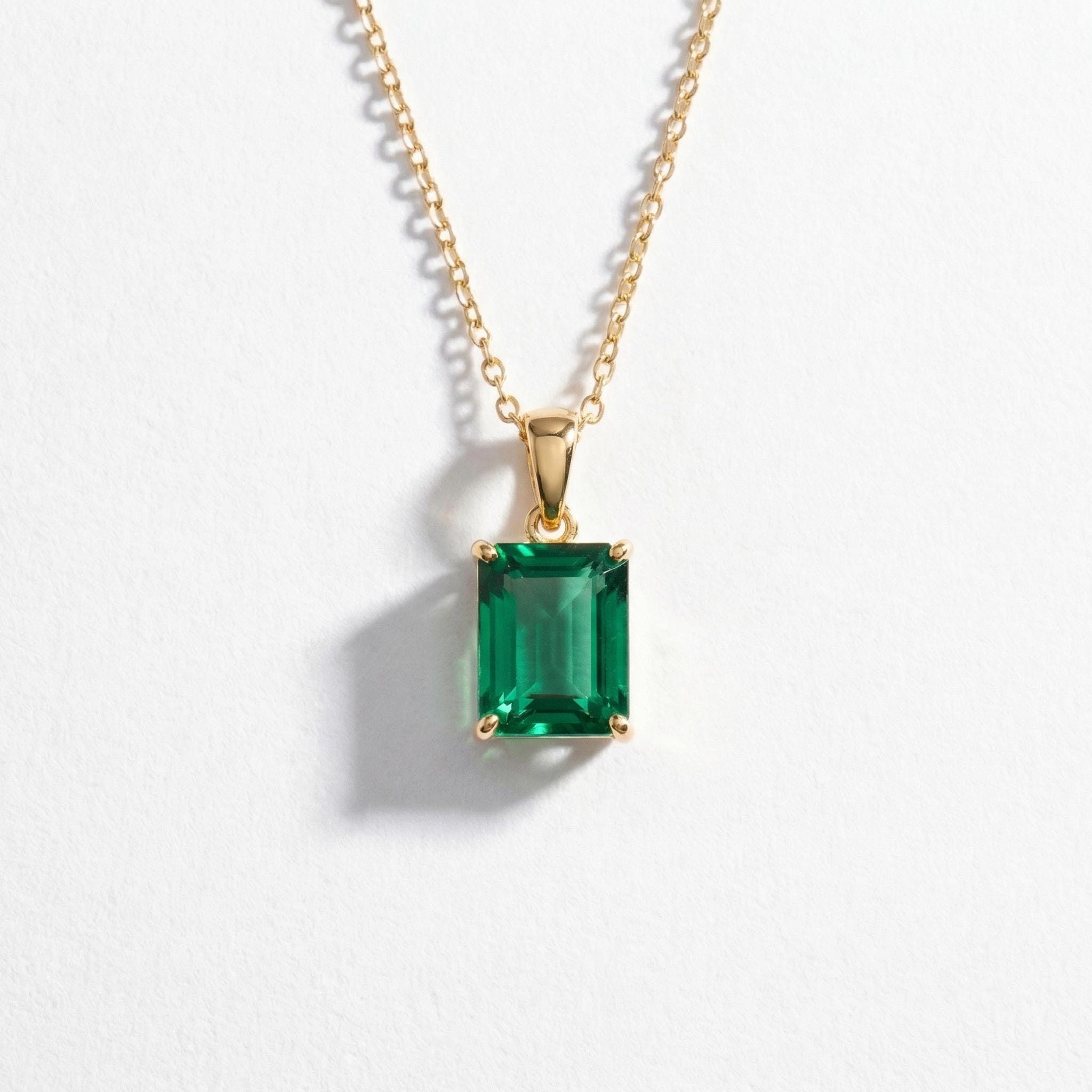 Dainty Emerald Cut Green Gemstone Necklace | 14K Gold Plated Solitaire Pendant | Elegant Minimalist Jewelry Gift