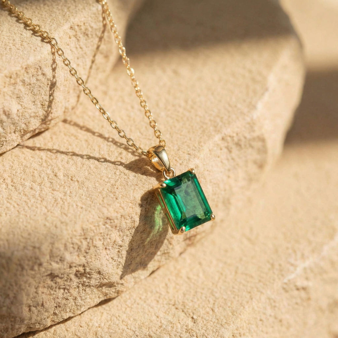 Dainty Emerald Cut Green Gemstone Necklace | 14K Gold Plated Solitaire Pendant | Elegant Minimalist Jewelry Gift