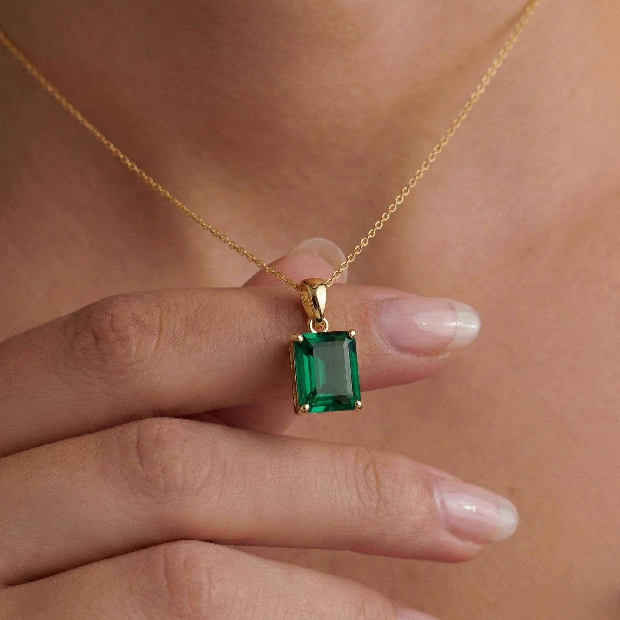Dainty Emerald Cut Green Gemstone Necklace | 14K Gold Plated Solitaire Pendant | Elegant Minimalist Jewelry Gift