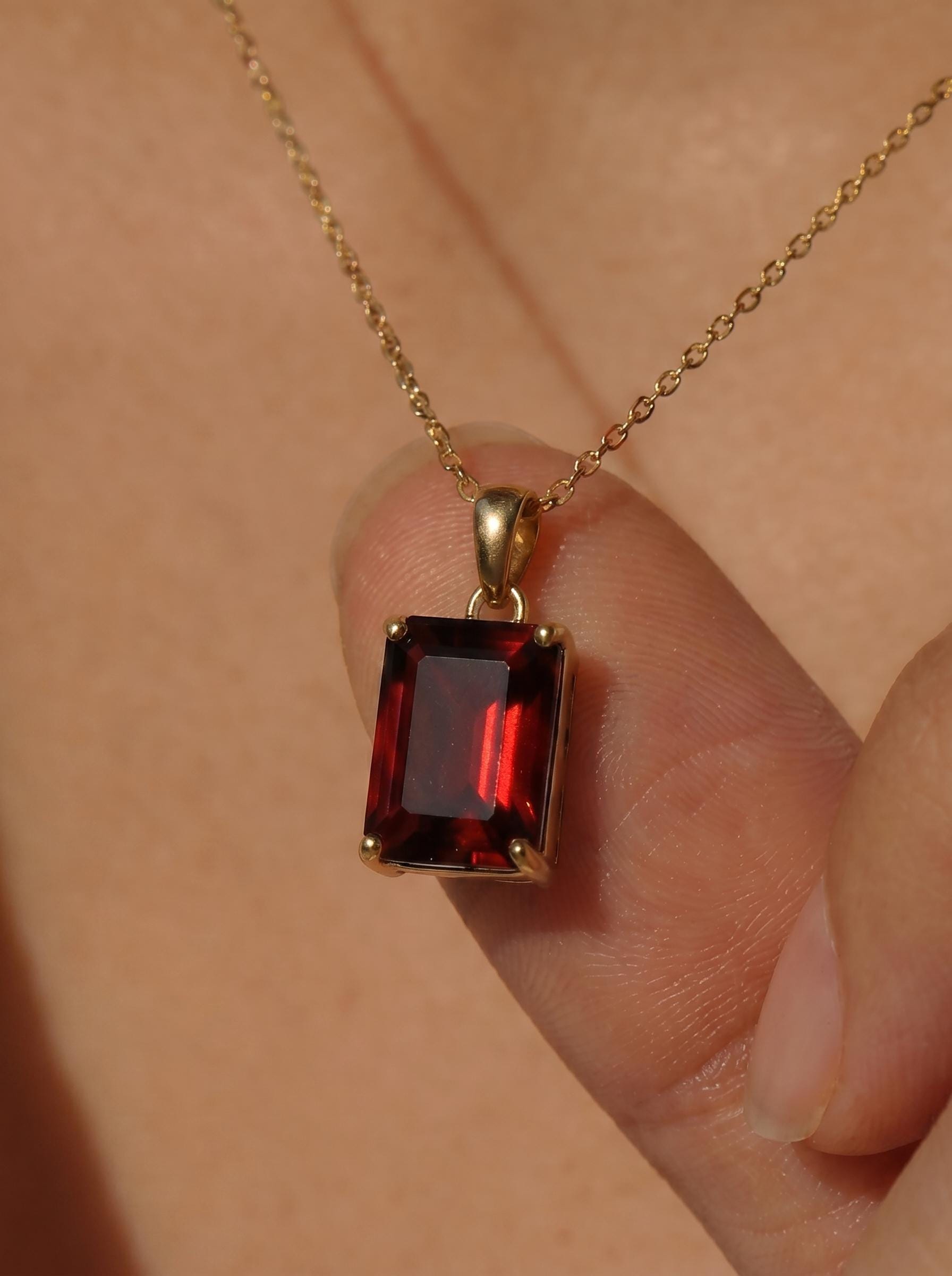 Rectangle Garnet Pendant Necklace | Dainty Gold January Birthstone Jewelry | Elegant Deep Red Gemstone Gift for Her