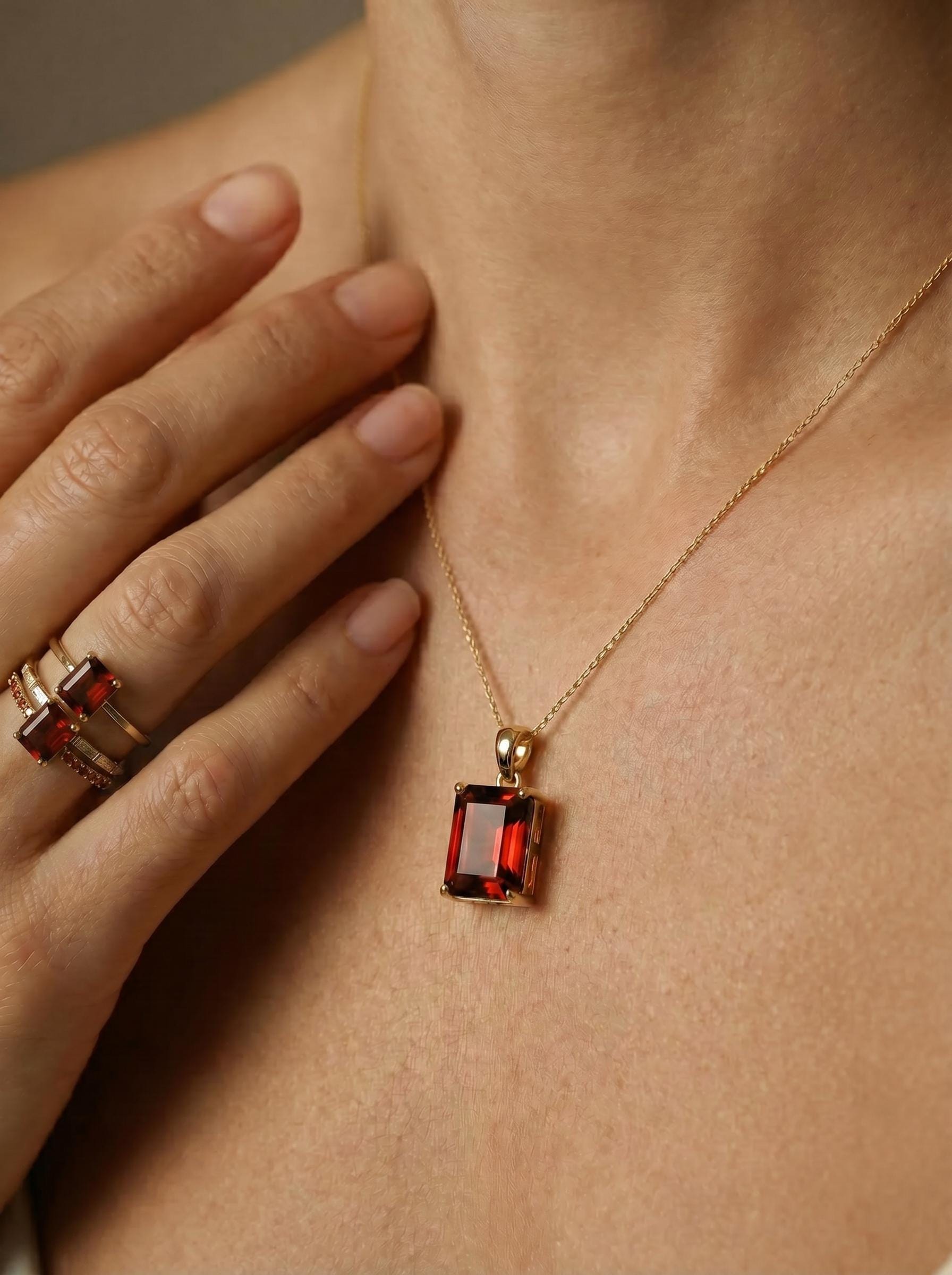 Rectangle Garnet Pendant Necklace | Dainty Gold January Birthstone Jewelry | Elegant Deep Red Gemstone Gift for Her
