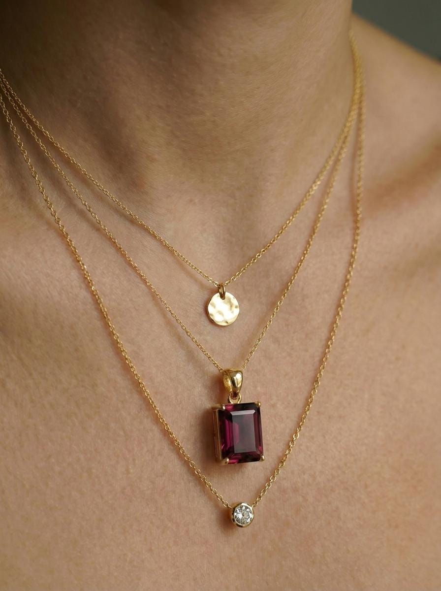 Rectangle Garnet Pendant Necklace | Dainty Gold January Birthstone Jewelry | Elegant Deep Red Gemstone Gift for Her