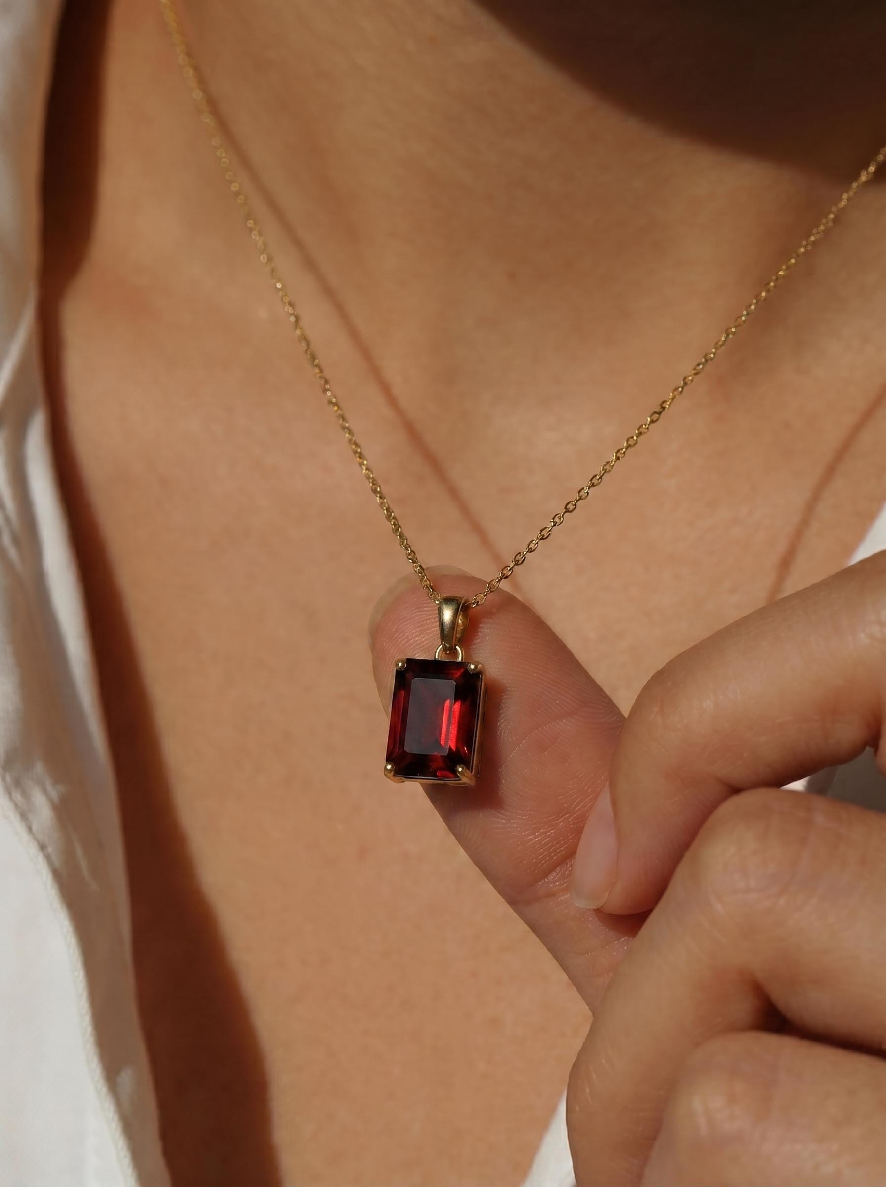 Rectangle Garnet Pendant Necklace | Dainty Gold January Birthstone Jewelry | Elegant Deep Red Gemstone Gift for Her