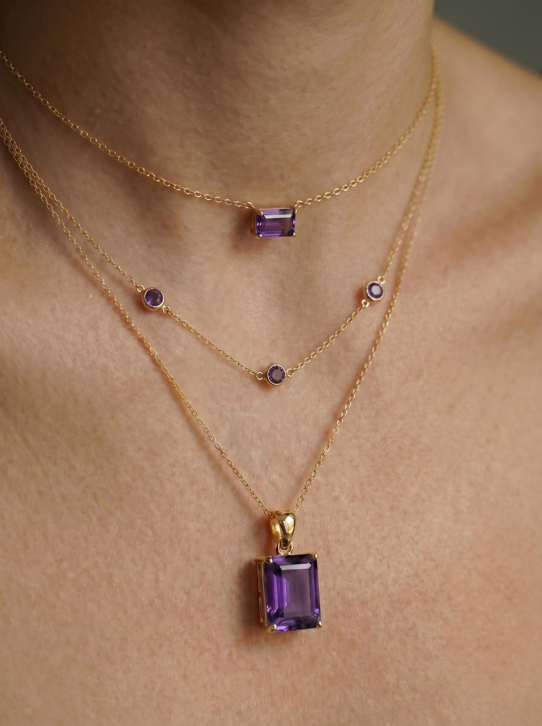 Elegant Amethyst Gold Necklace, Rectangular Purple Gemstone Pendant, 14K Gold February Birthstone Jewelry Gift for Her, Dainty Everyday Fine