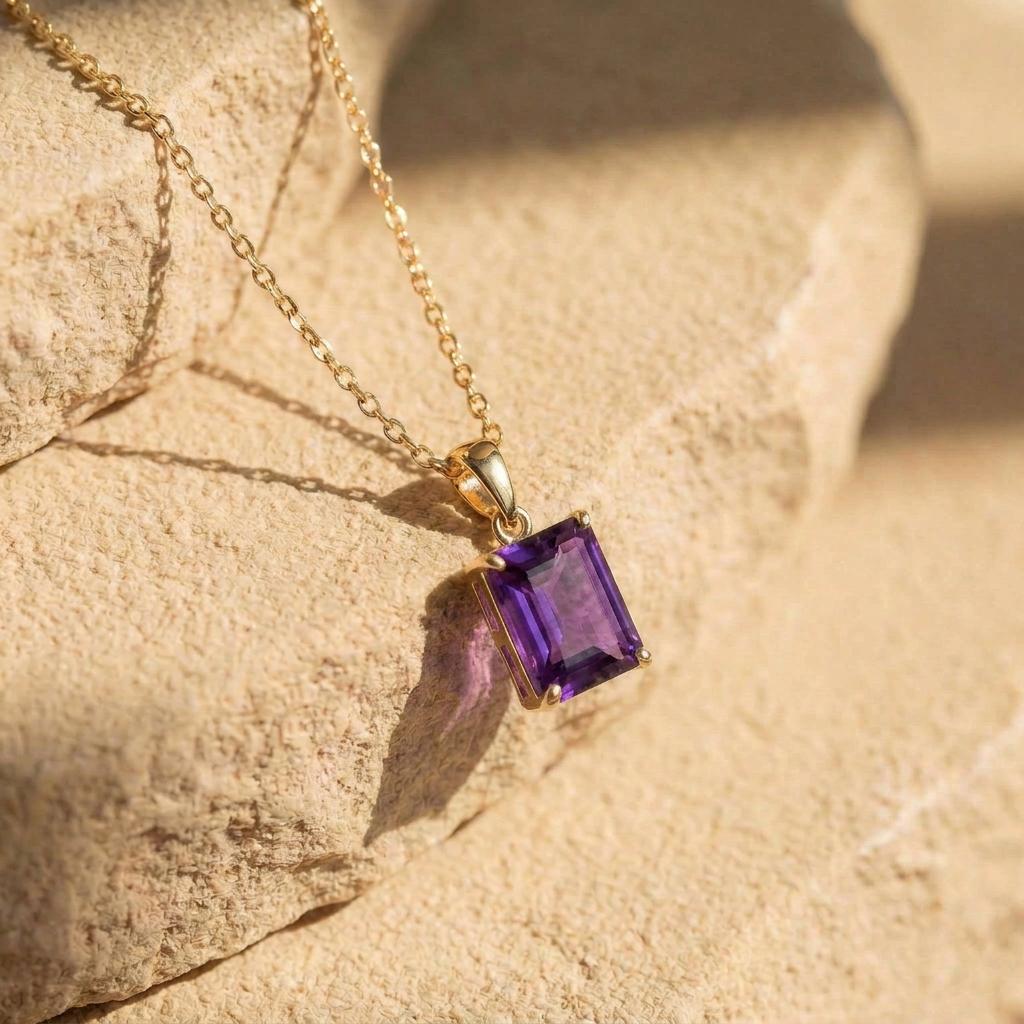 Elegant Amethyst Gold Necklace, Rectangular Purple Gemstone Pendant, 14K Gold February Birthstone Jewelry Gift for Her, Dainty Everyday Fine