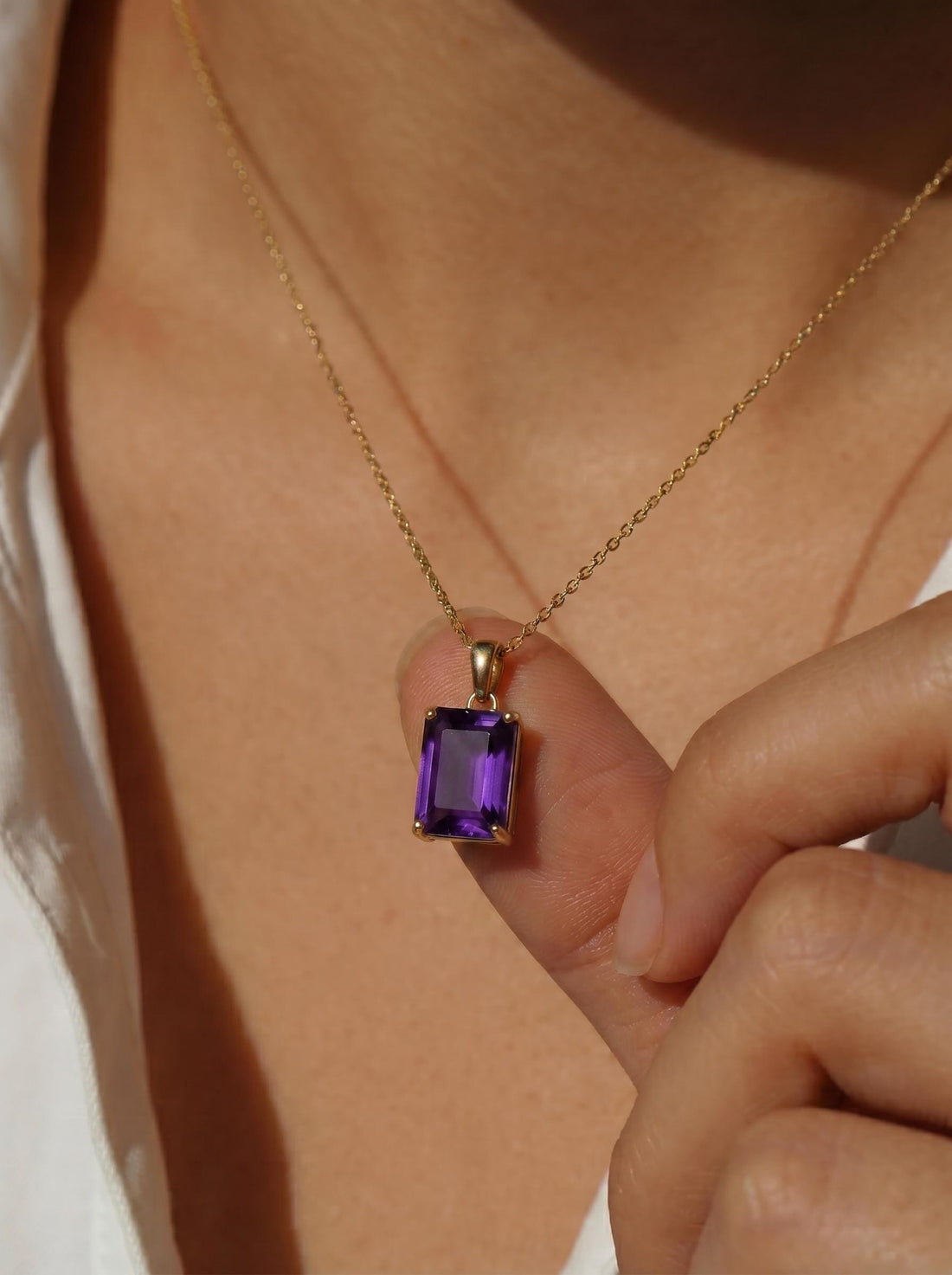 Elegant Amethyst Gold Necklace, Rectangular Purple Gemstone Pendant, 14K Gold February Birthstone Jewelry Gift for Her, Dainty Everyday Fine