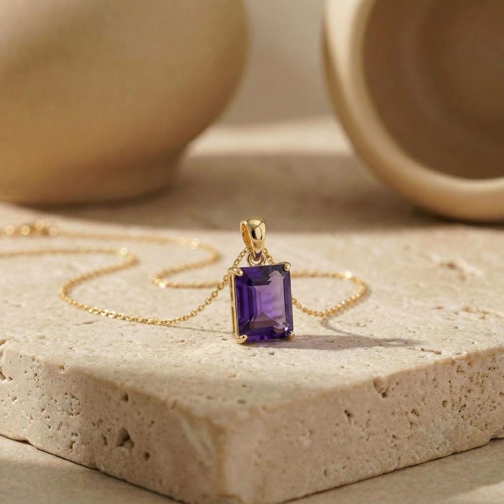 Elegant Amethyst Gold Necklace, Rectangular Purple Gemstone Pendant, 14K Gold February Birthstone Jewelry Gift for Her, Dainty Everyday Fine
