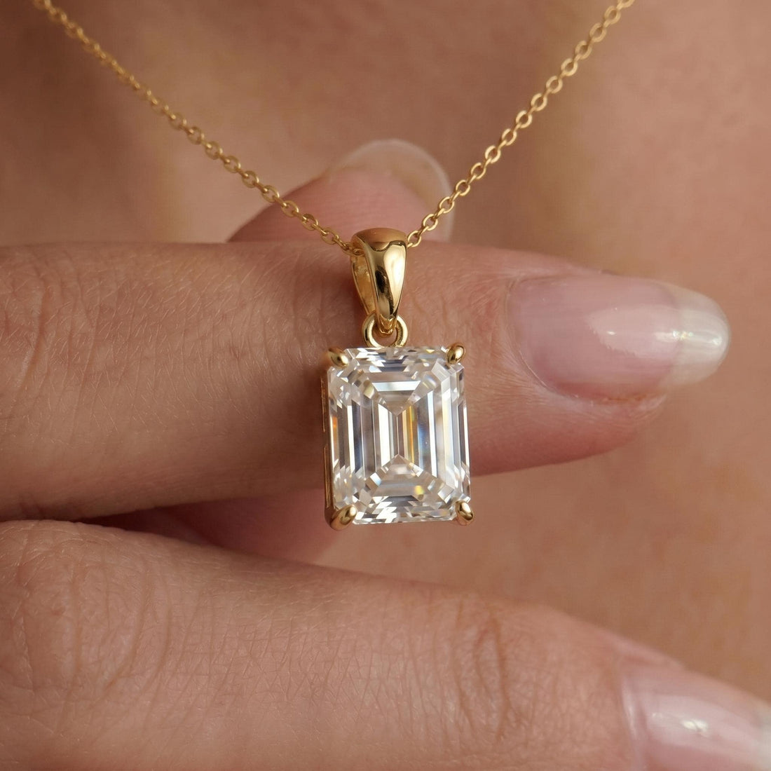 Radiant Emerald Cut Diamond Necklace | 14K Gold Dainty Pendant | Minimalist Diamond Simulant | Anniversary Gift For Her