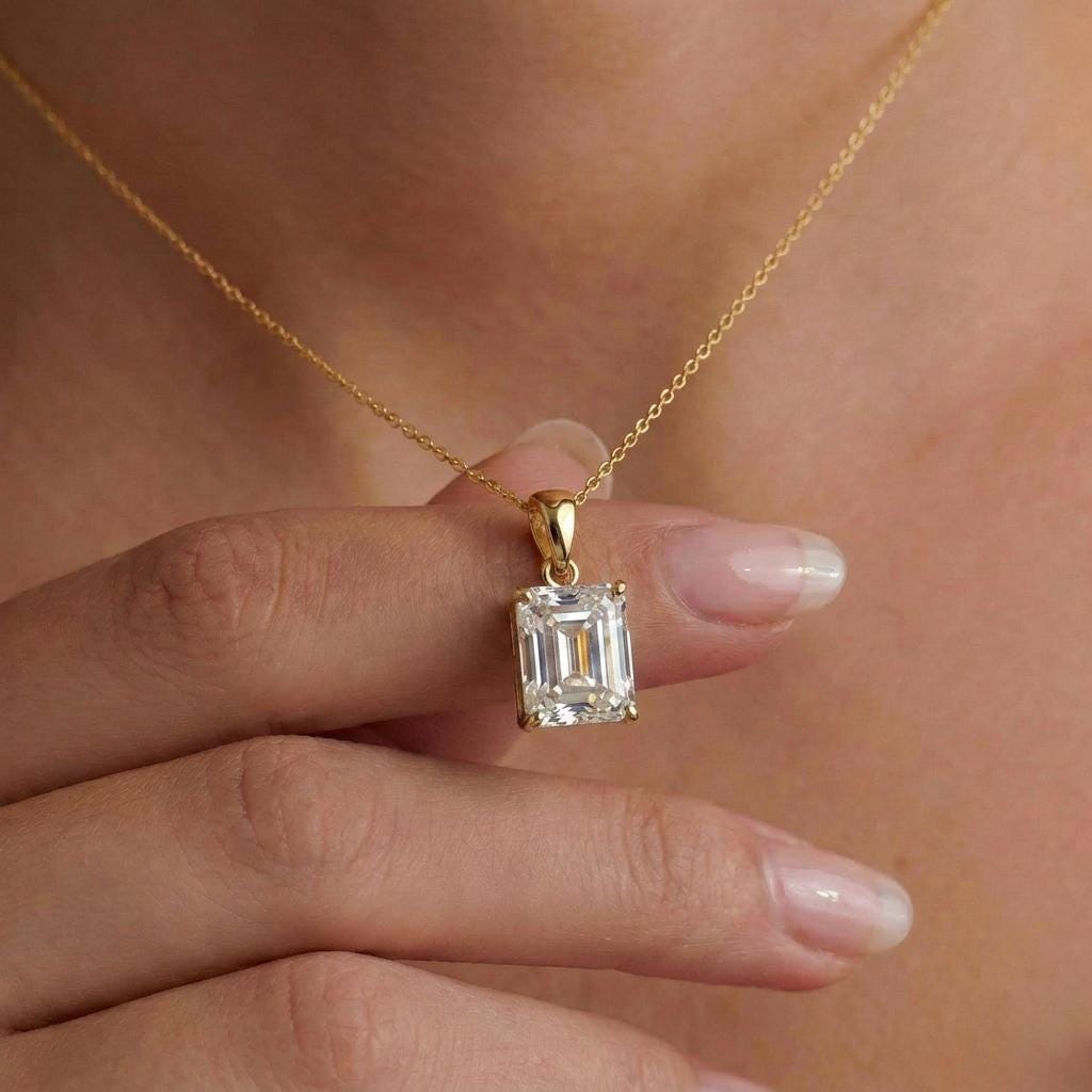 Radiant Emerald Cut Diamond Necklace | 14K Gold Dainty Pendant | Minimalist Diamond Simulant | Anniversary Gift For Her