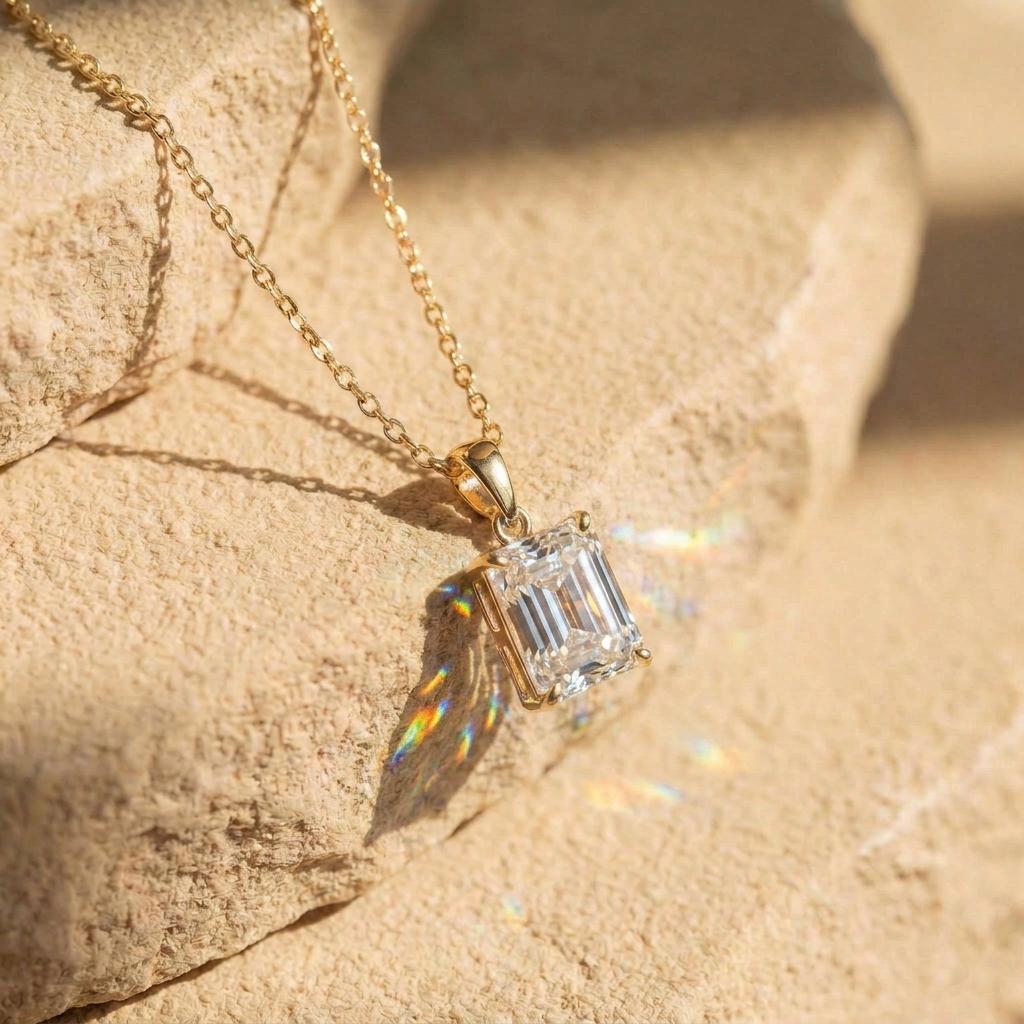 Radiant Emerald Cut Diamond Necklace | 14K Gold Dainty Pendant | Minimalist Diamond Simulant | Anniversary Gift For Her