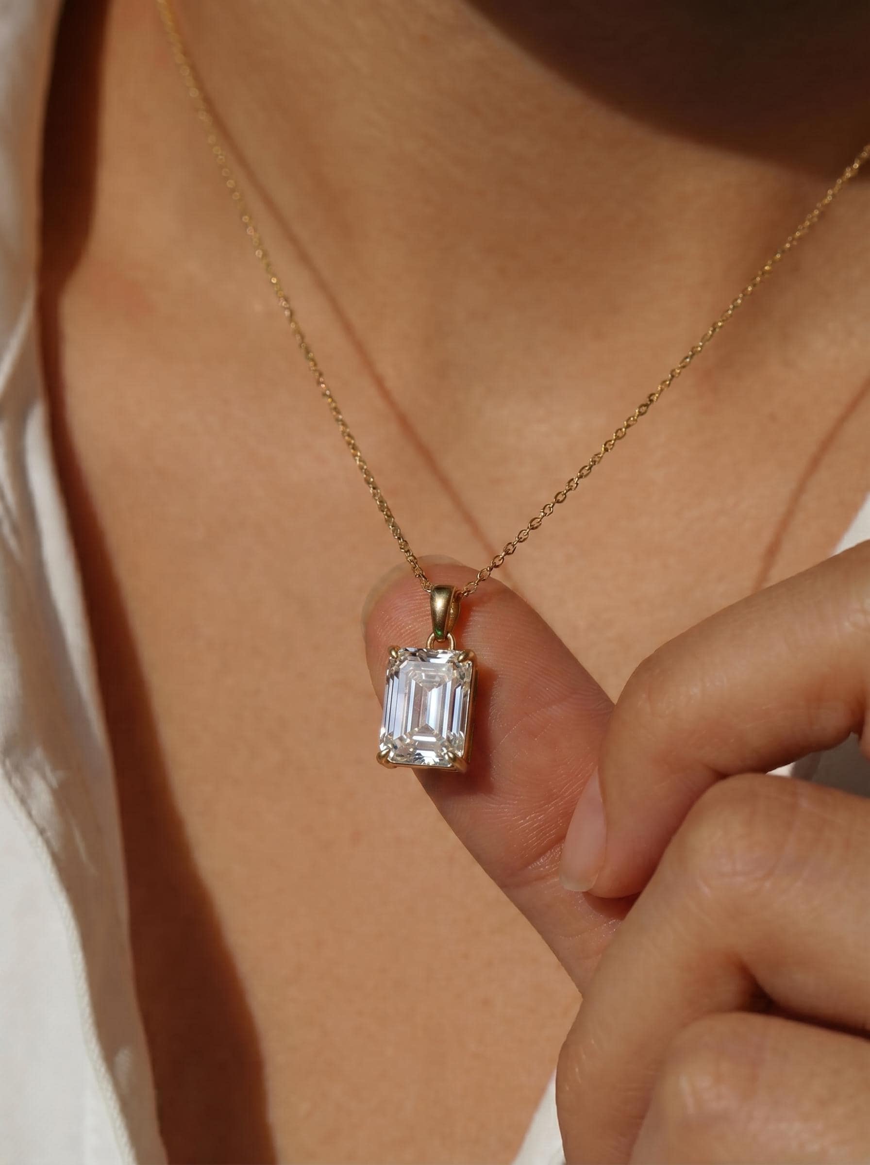 Radiant Emerald Cut Diamond Necklace | 14K Gold Dainty Pendant | Minimalist Diamond Simulant | Anniversary Gift For Her