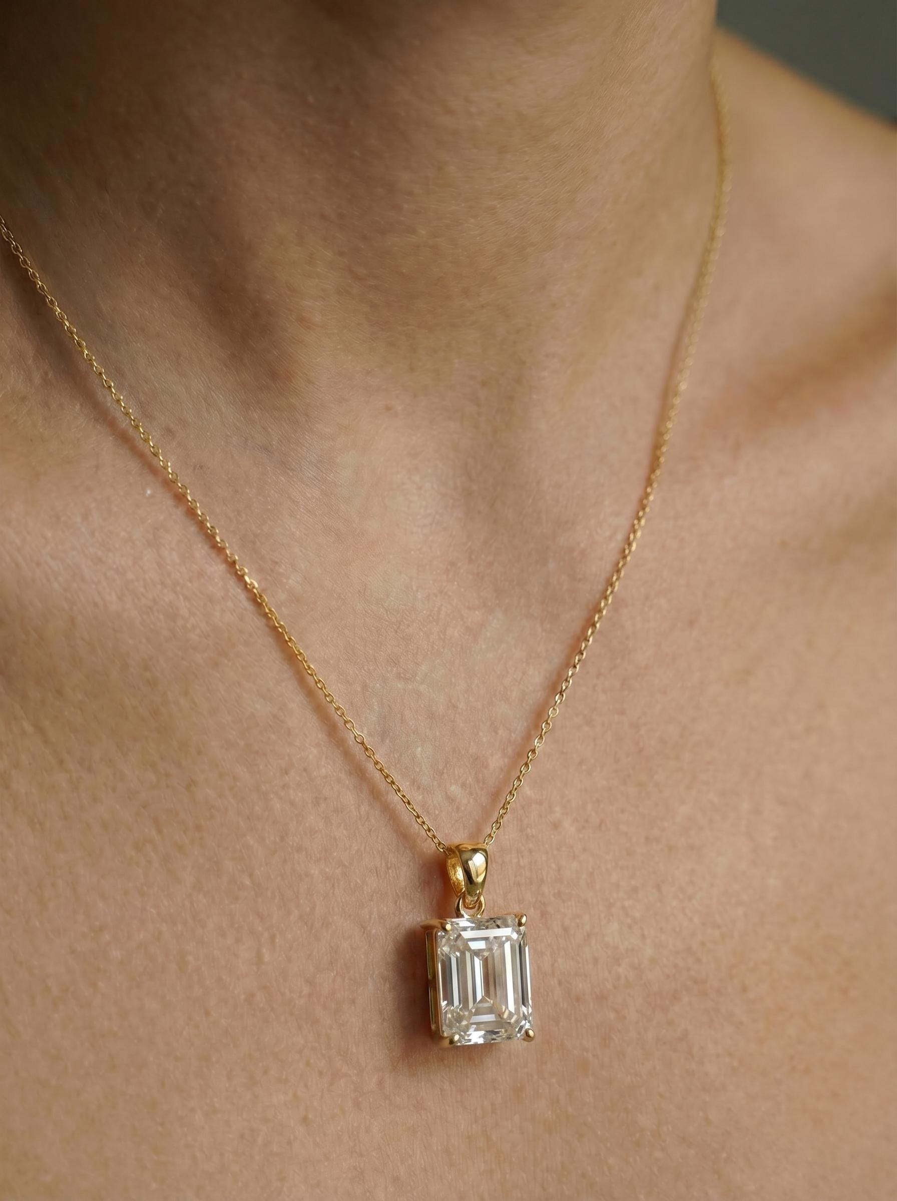 Radiant Emerald Cut Diamond Necklace | 14K Gold Dainty Pendant | Minimalist Diamond Simulant | Anniversary Gift For Her